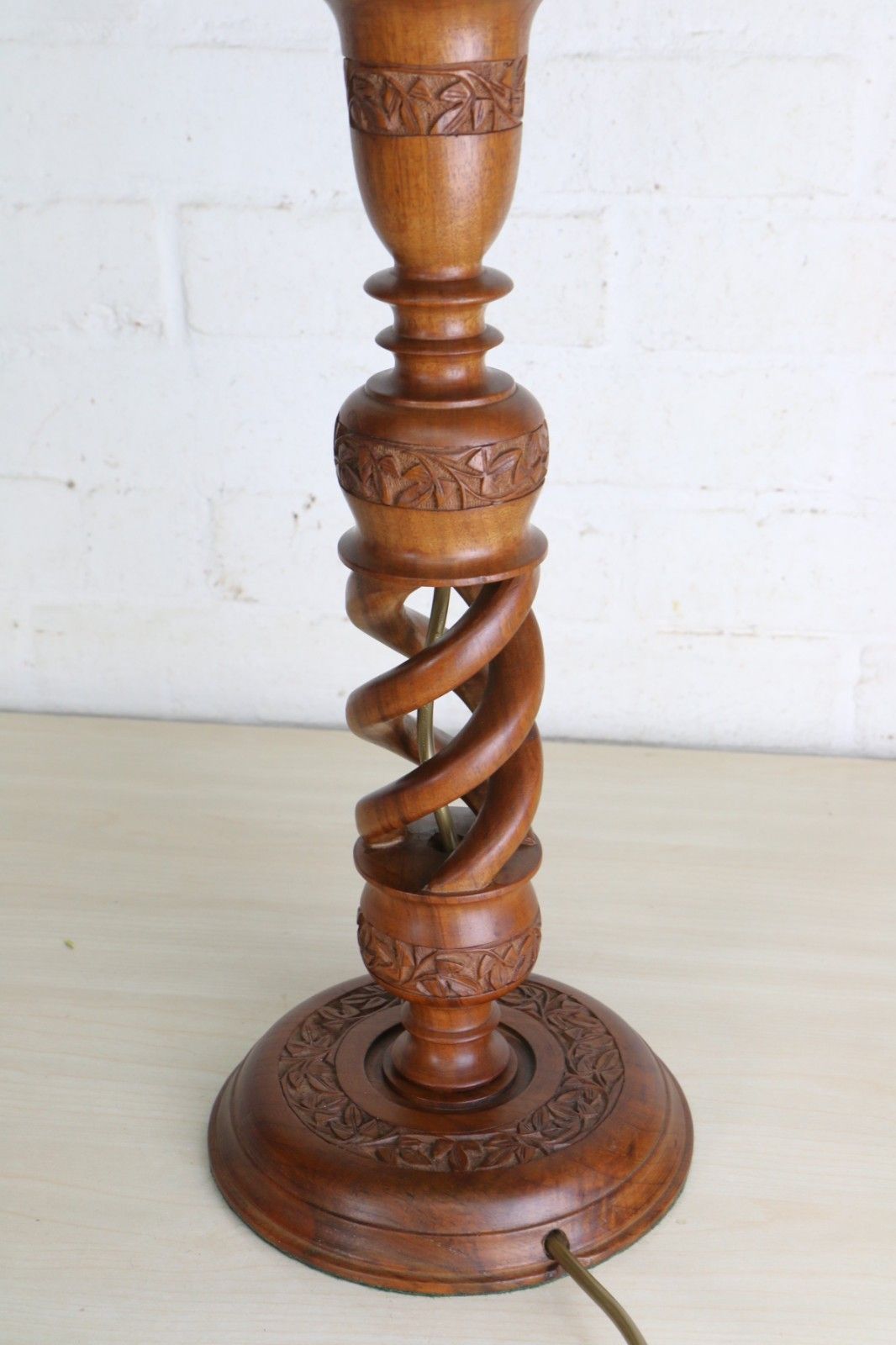 Lighting Table Lamp A Vintage Carved Wooden Open Barley Twist Lamp Decorated North India photo