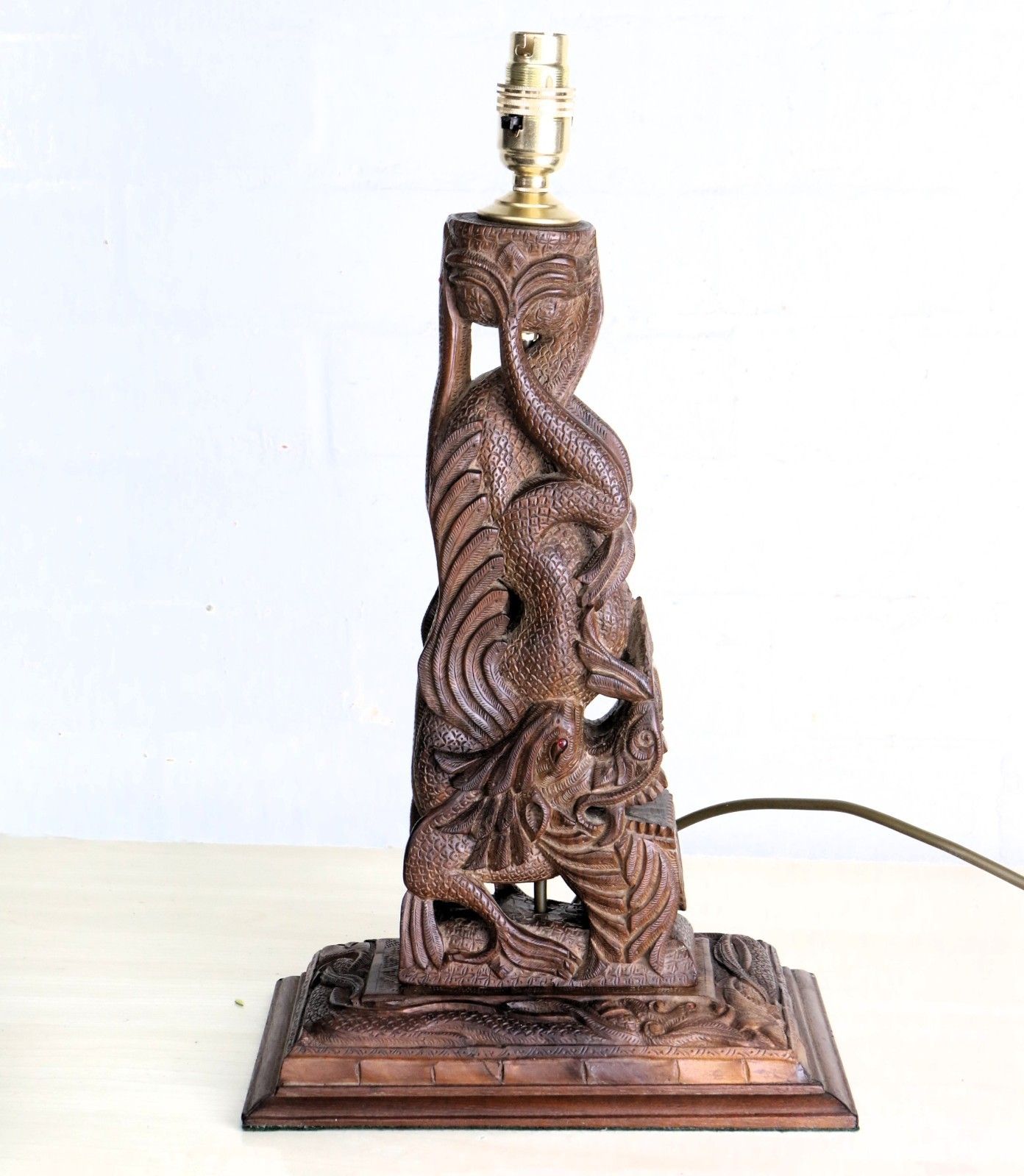 photo vintage Table Lamp A Vintage Carved Dragon Table Lamp Teak Wood South East Asian