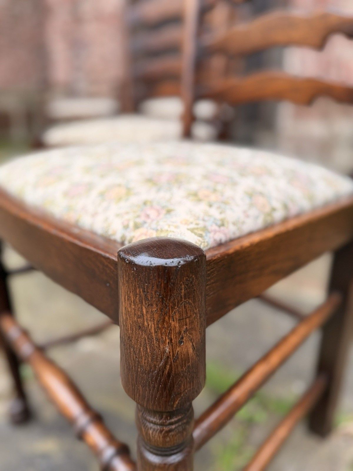 photo for sale Set  6  Vintage Oak Ladder Back Rustic Farmhouse Dining Chairs W/ Elbow Chairs