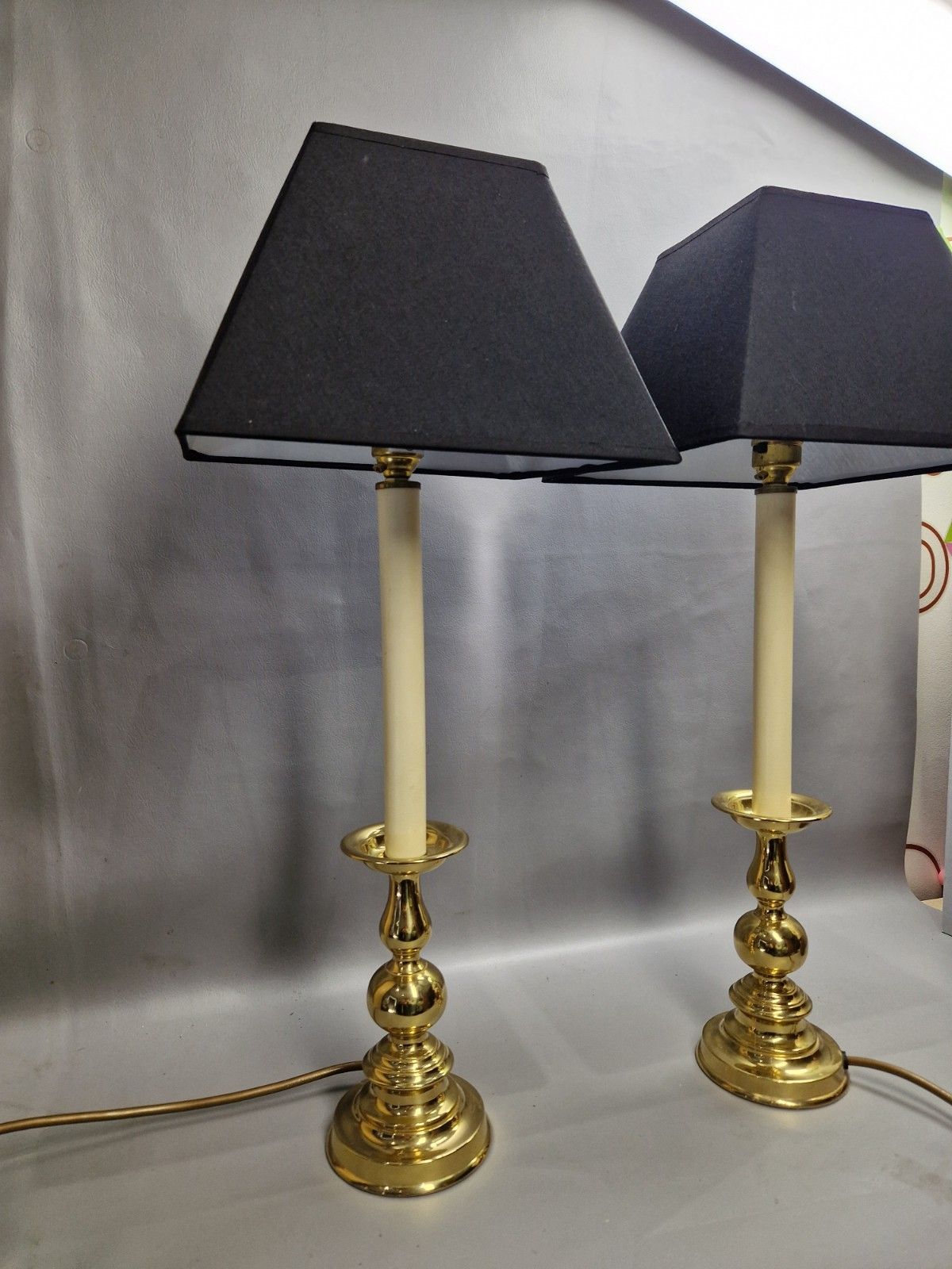Vintage Pair Of Brass Tall Candlestick Table Lamps Black Shades Country House photo for sale