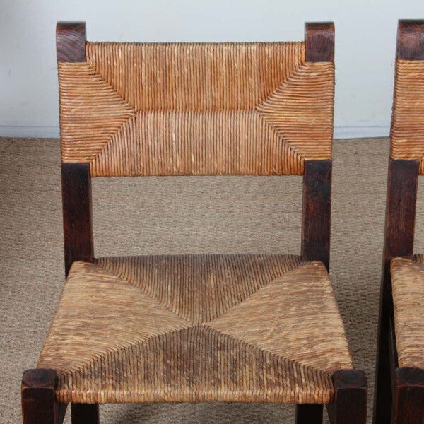 Set Of 4 Solid Wood Straw Seated Chairs, French Work, 1940 photo furniture