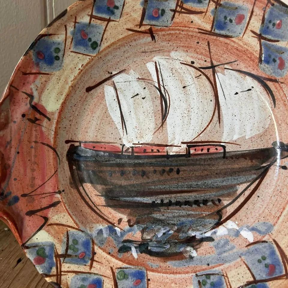 Studio Pottery Folk Art Ship Dish photo for sale