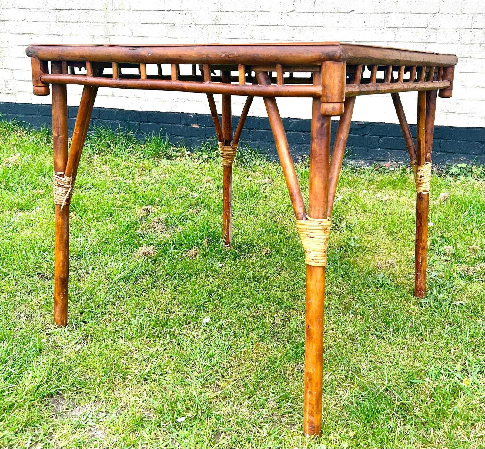 Mid Century Tiger Bamboo Table Kitchen Garden Coffee Hall Occasional Wooden Desk Industrial Antique Vintage Retro photo for sale
