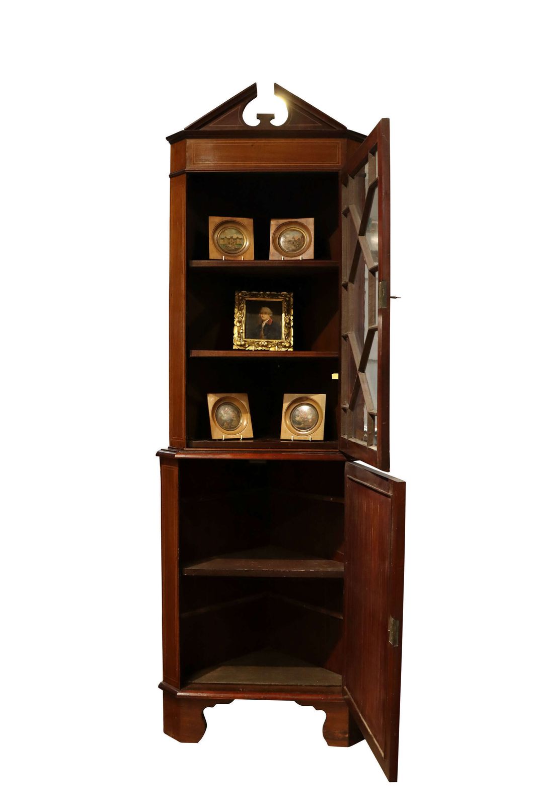 Edwardian Sheraton Revival Inlaid Mahogany Corner Cabinet With Glazed Door, Circa 1900 photo furniture