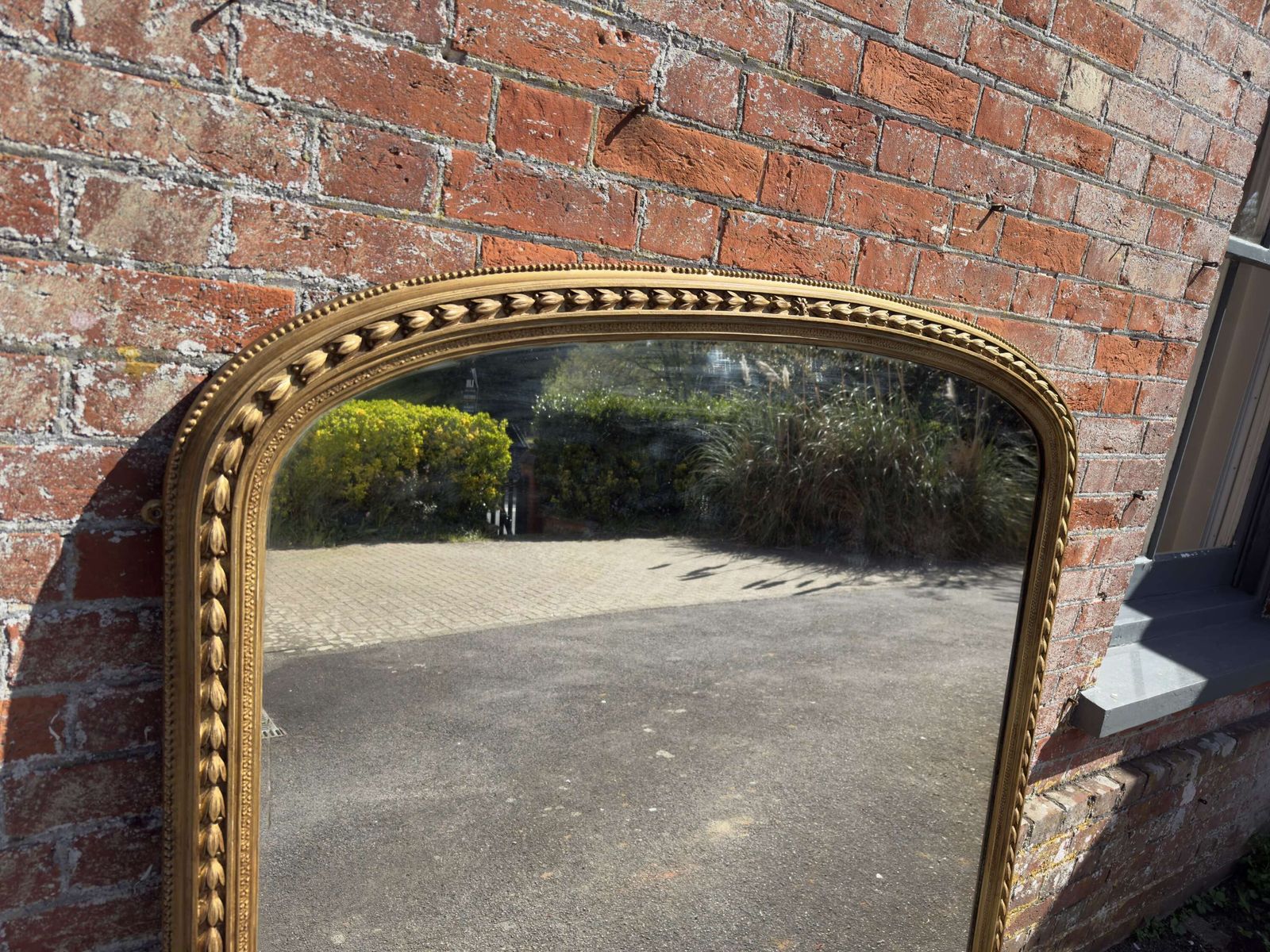 A Spectacular Large Antique English 19th C Arched Top Gilt Tulip Framed Overmantle Mirror. photo furniture