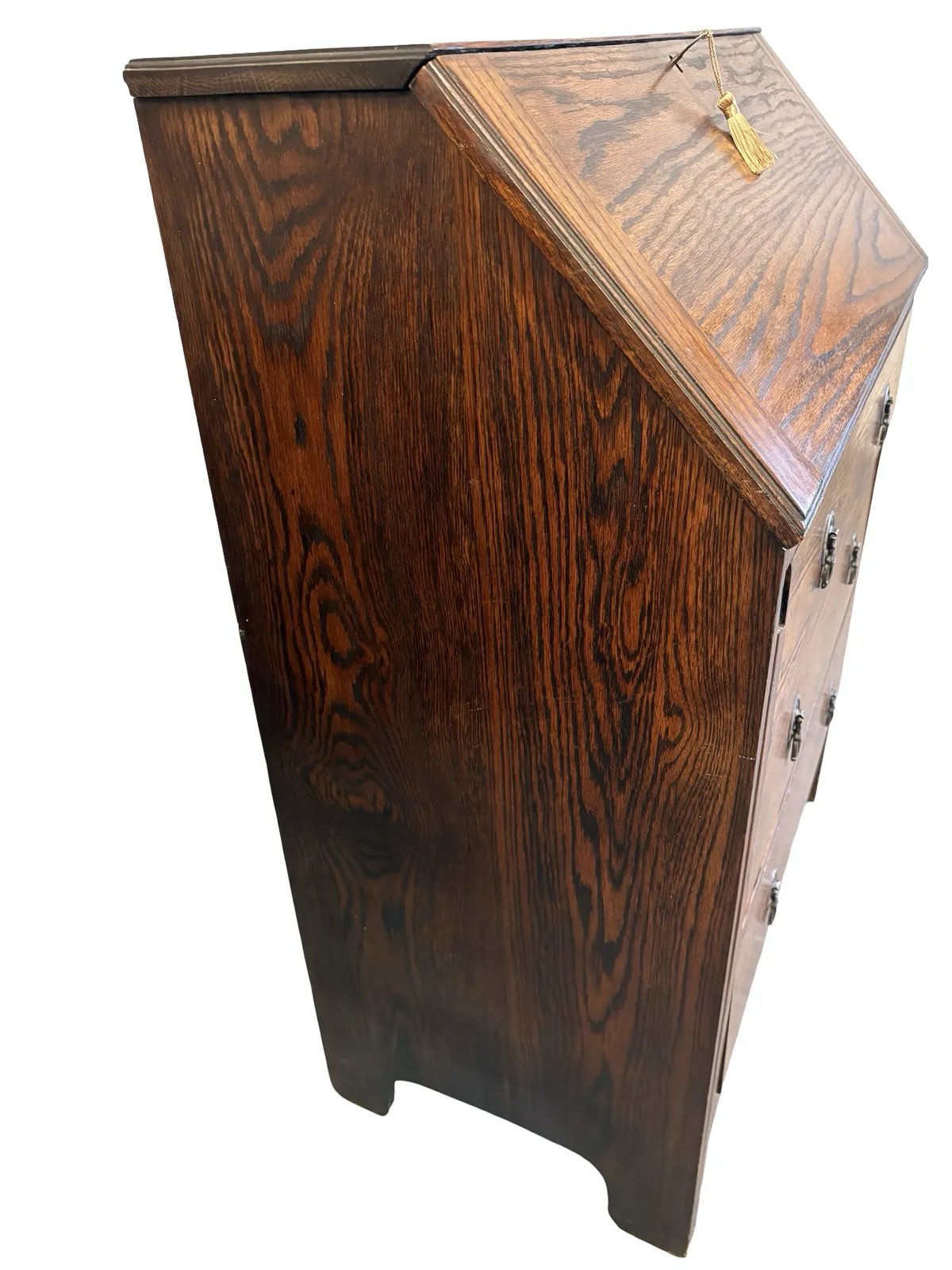 Early 20th Century Vintage Fold Down Oak Bureau Writing Desk Drawers & Key photo vintage