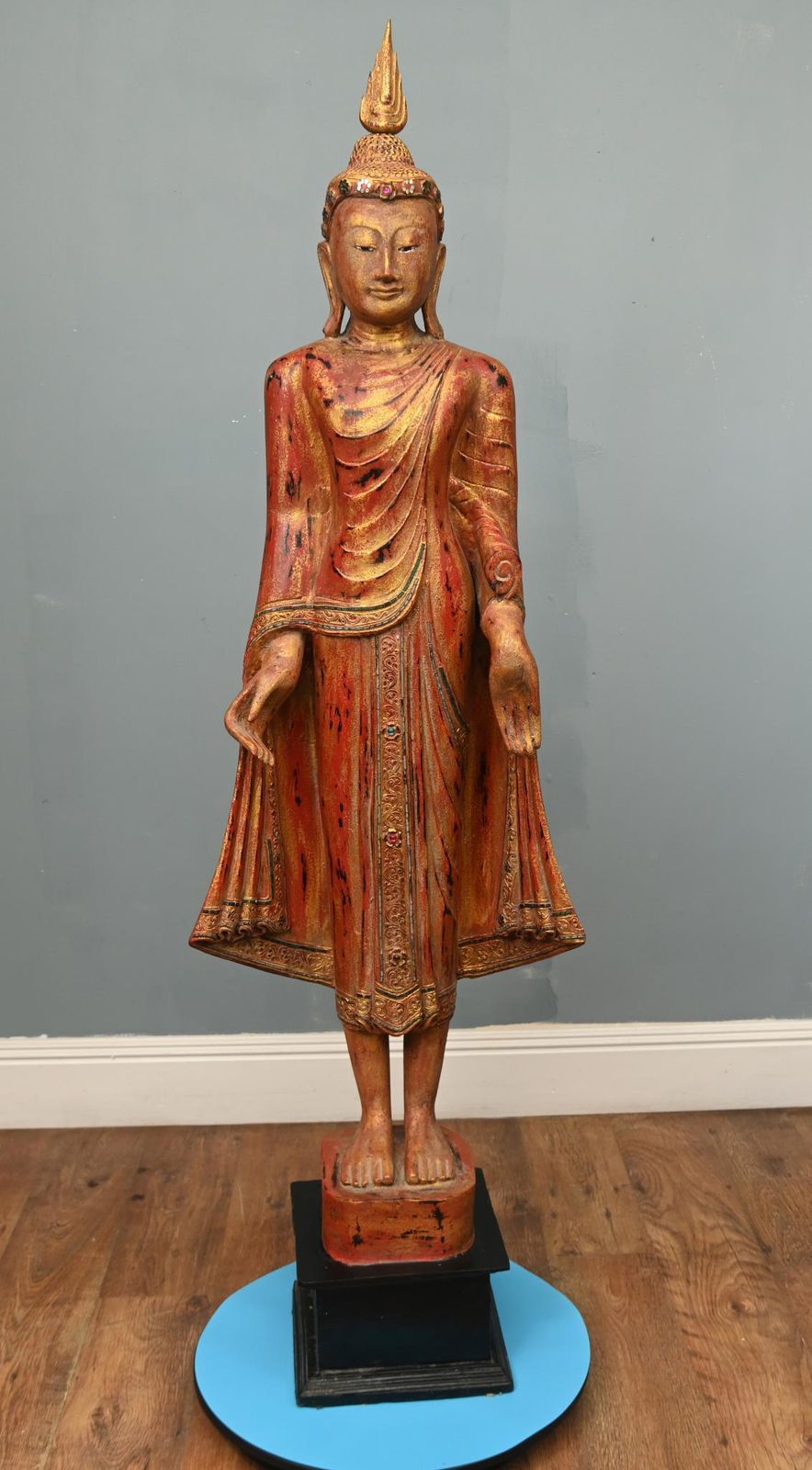 Carved Standing Burmese Buddha Statue Buddhist Art Mandalay photo furniture