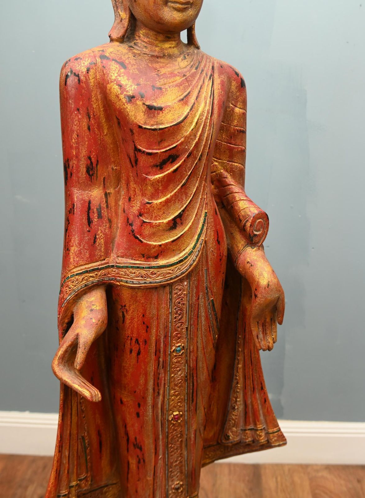 Carved Standing Burmese Buddha Statue Buddhist Art Mandalay photo 1450.0