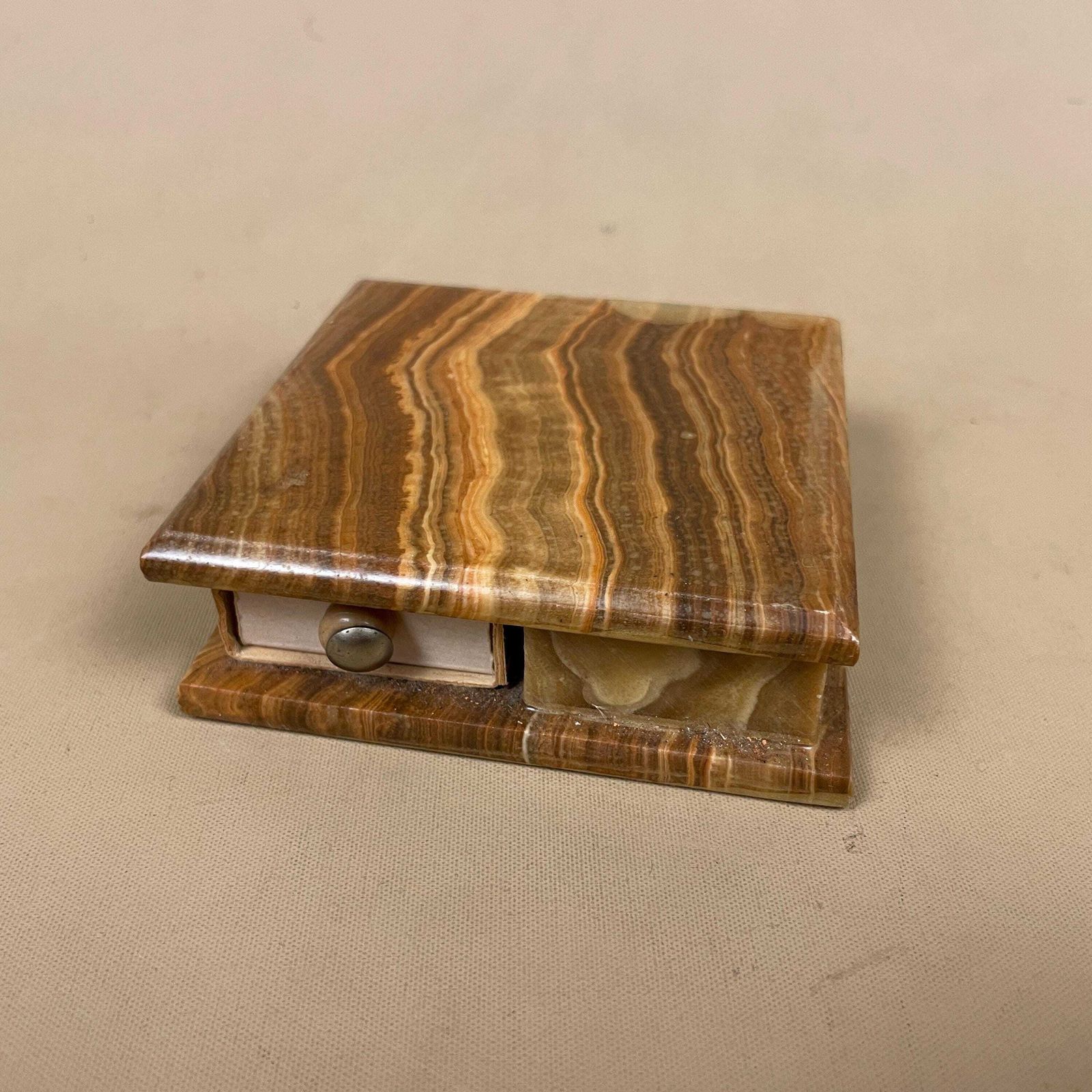 Onyx Marble Match Box Holder Vintage Carved Stone 2x Drawer Match Holder Brown Mid Century Desk Table Display photo Home Decor