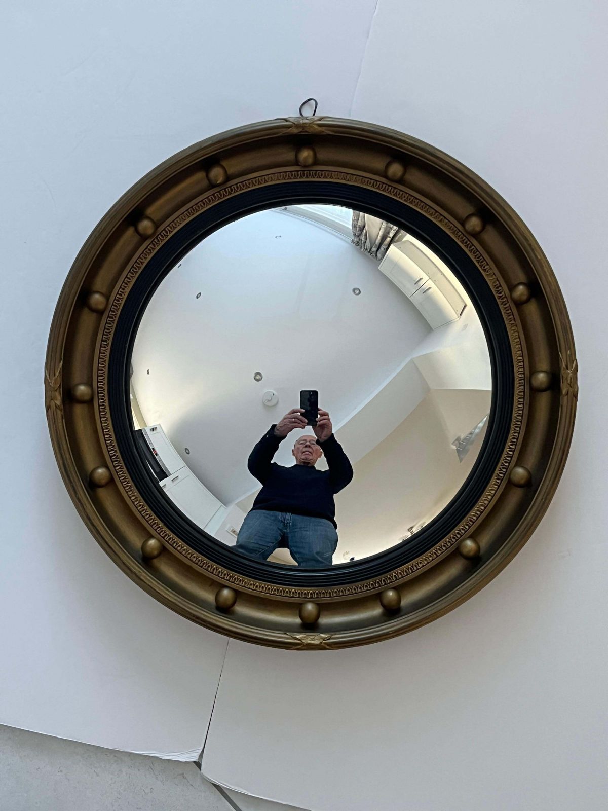 Round Convex Wall Mirror Ribbon And Ball Detail Regency Style 18.4 Inch, Ca 1925 photo for sale
