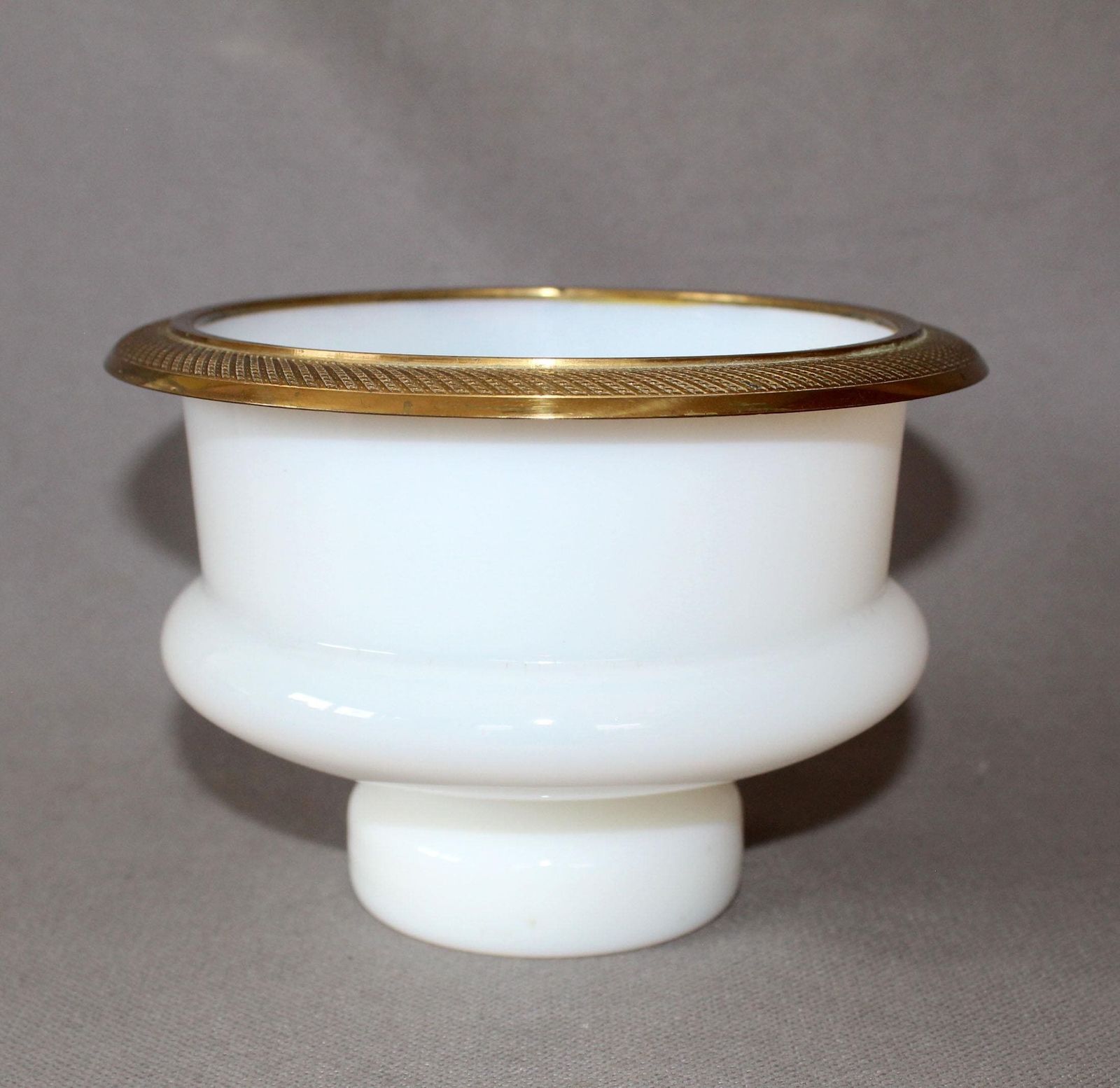 Large Antique White Opaline Glass Bowl, Brass Engraved Ormolu Gild Color Rim, Art Glass, Orange Tint, Pedestal, Centerpiece, Ice Bowl