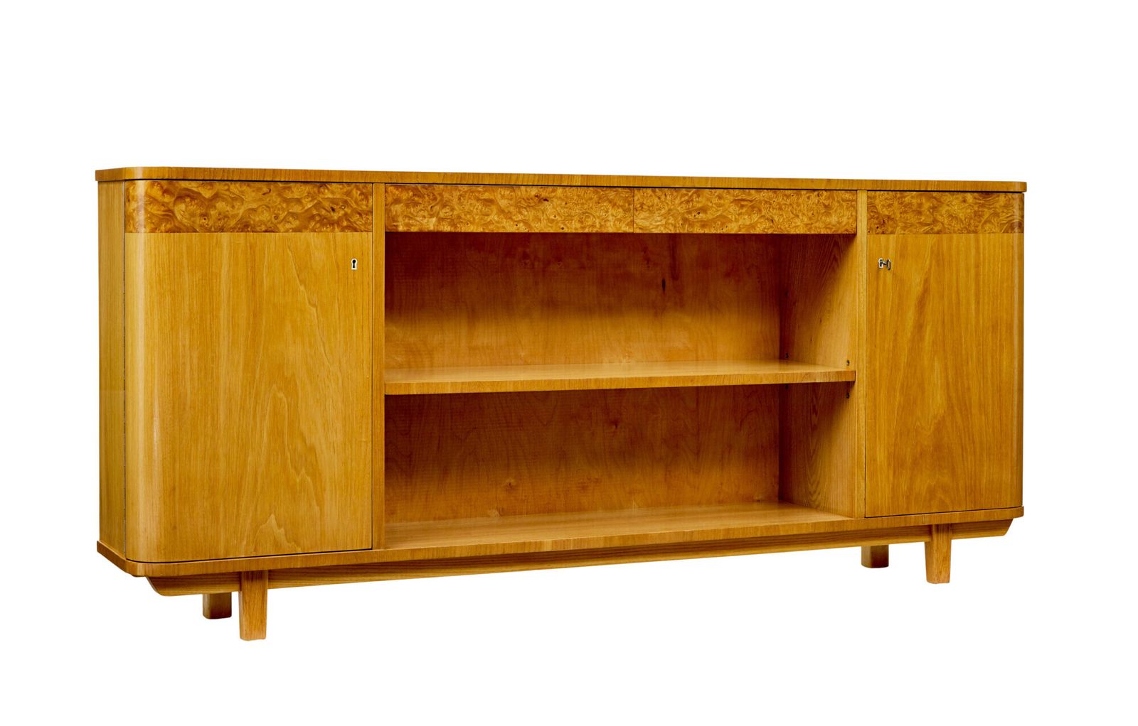 Scandinavian Mid Century Elm And Burr Low Open Bookcase