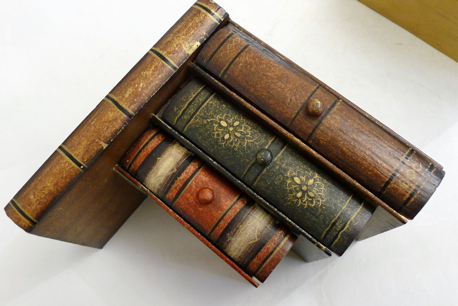 Home Decor Wood Bookends With Secret Boxes In Trompe L'oeil Of Stacked Books, 1980s, Set Of 2 photo