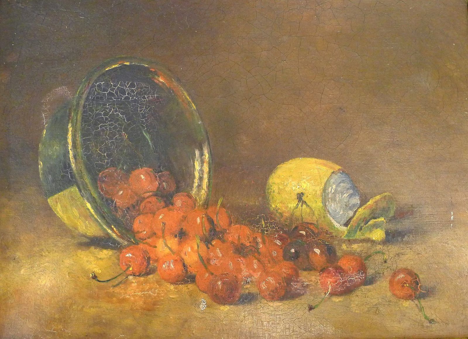 Small Still Life With Cherries And Lemon, Oil On Canvas, Early 20th Century photo for sale