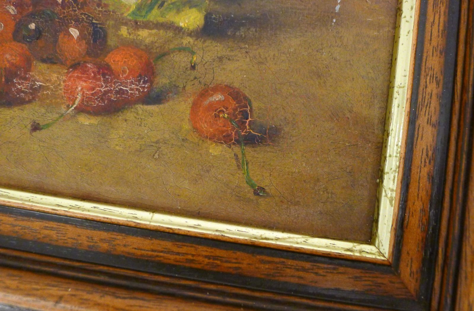 Small Still Life With Cherries And Lemon, Oil On Canvas, Early 20th Century photo vintage