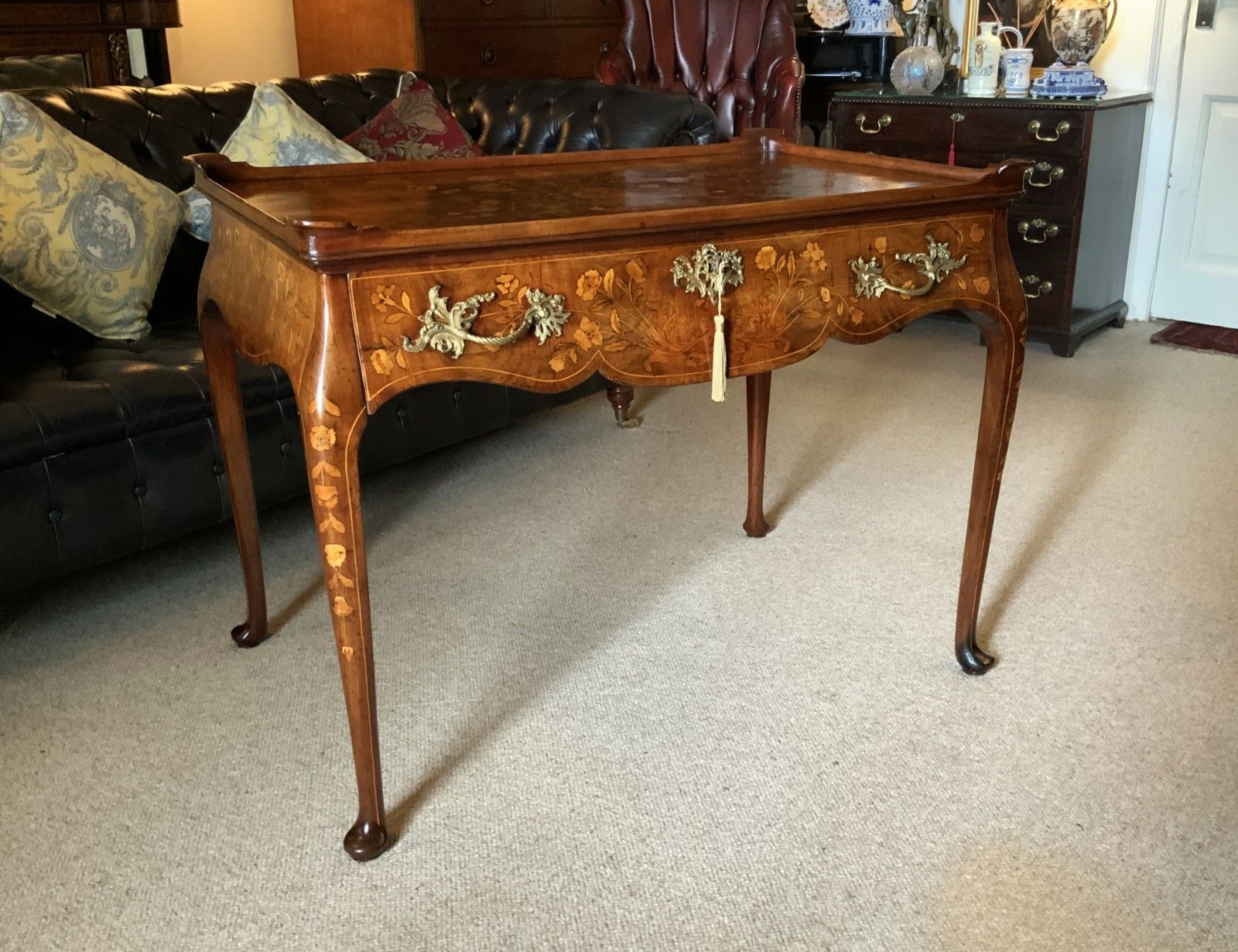 18th Century Dutch Marquetry Silver Top Table Flowers & Birds Rococo Queen Anne