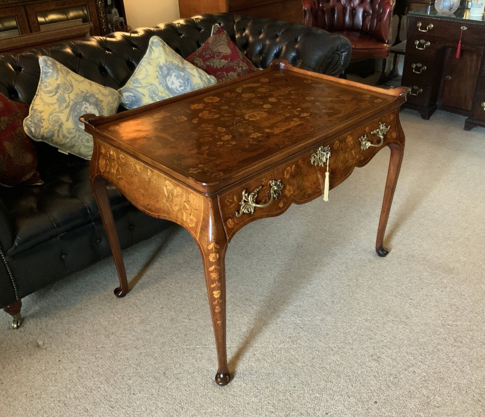 18th Century Dutch Marquetry Silver Top Table Flowers & Birds Rococo Queen Anne photo furniture