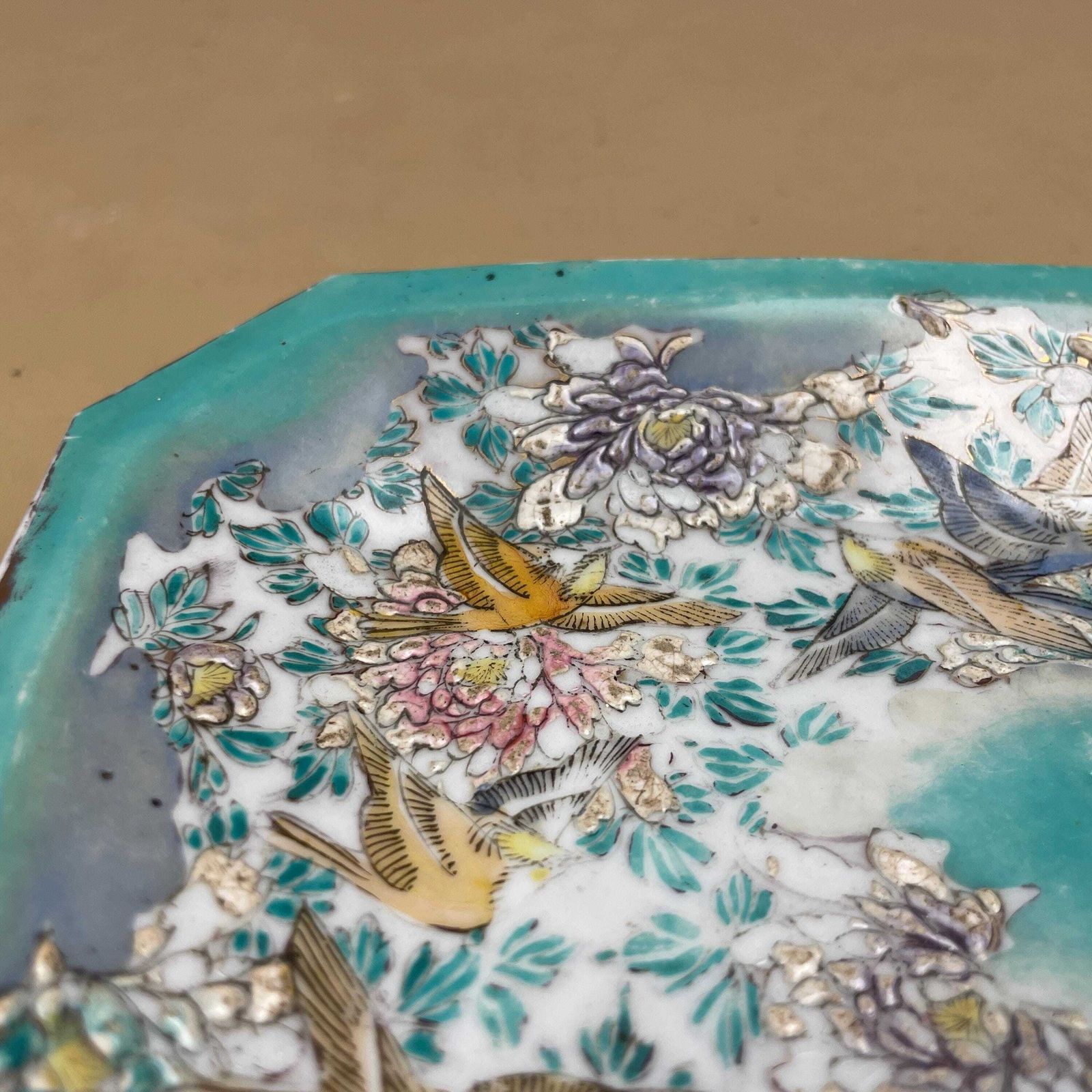 Japanese Bird Floral Octagonal Plate Hand Painted Kutani Style Green Dish Ceramic Porcelain photo vinterior