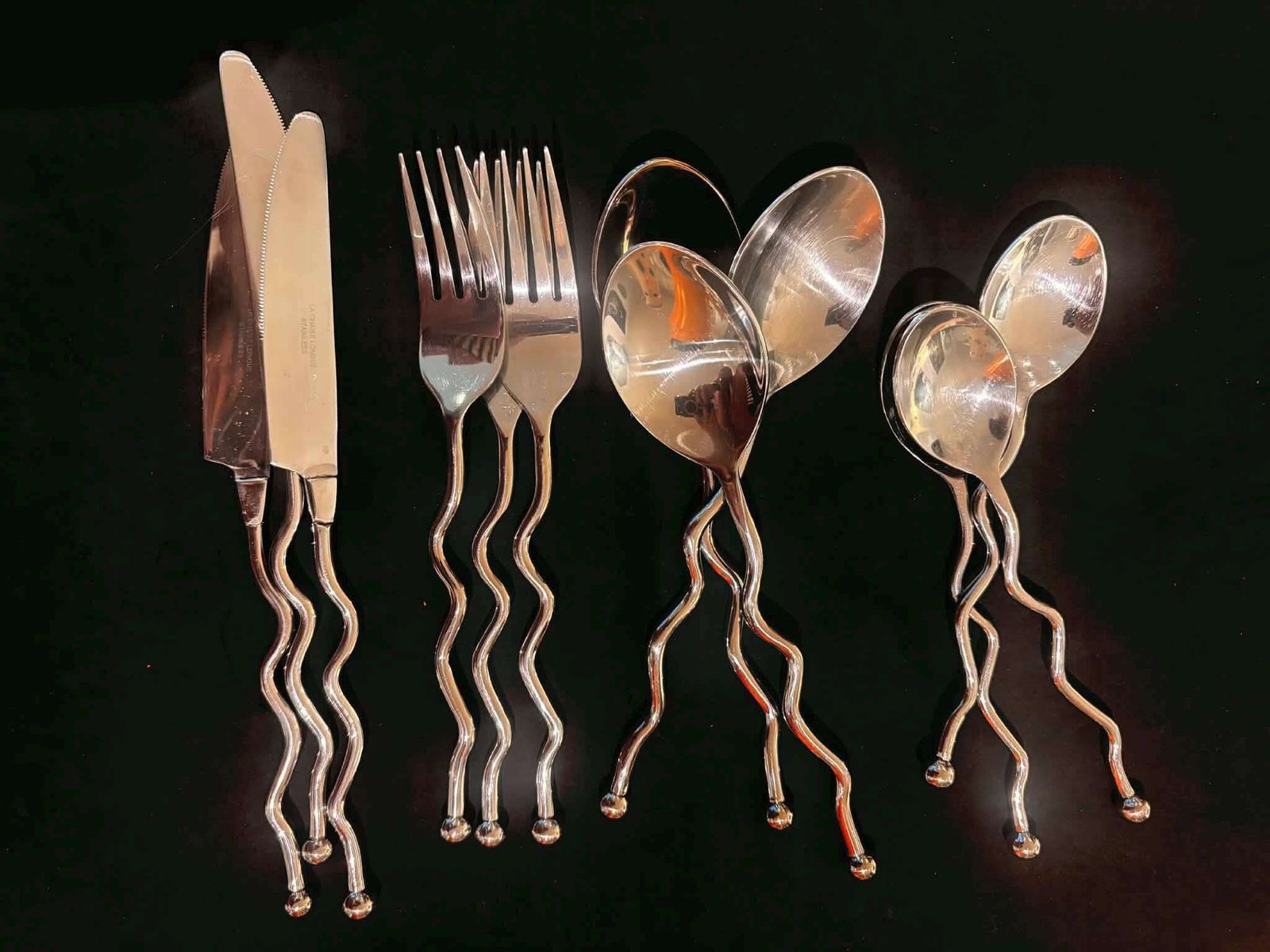 Twisted Stainless Steel Flatware Set, French Brutalist Medieval Style, 12 Pieces