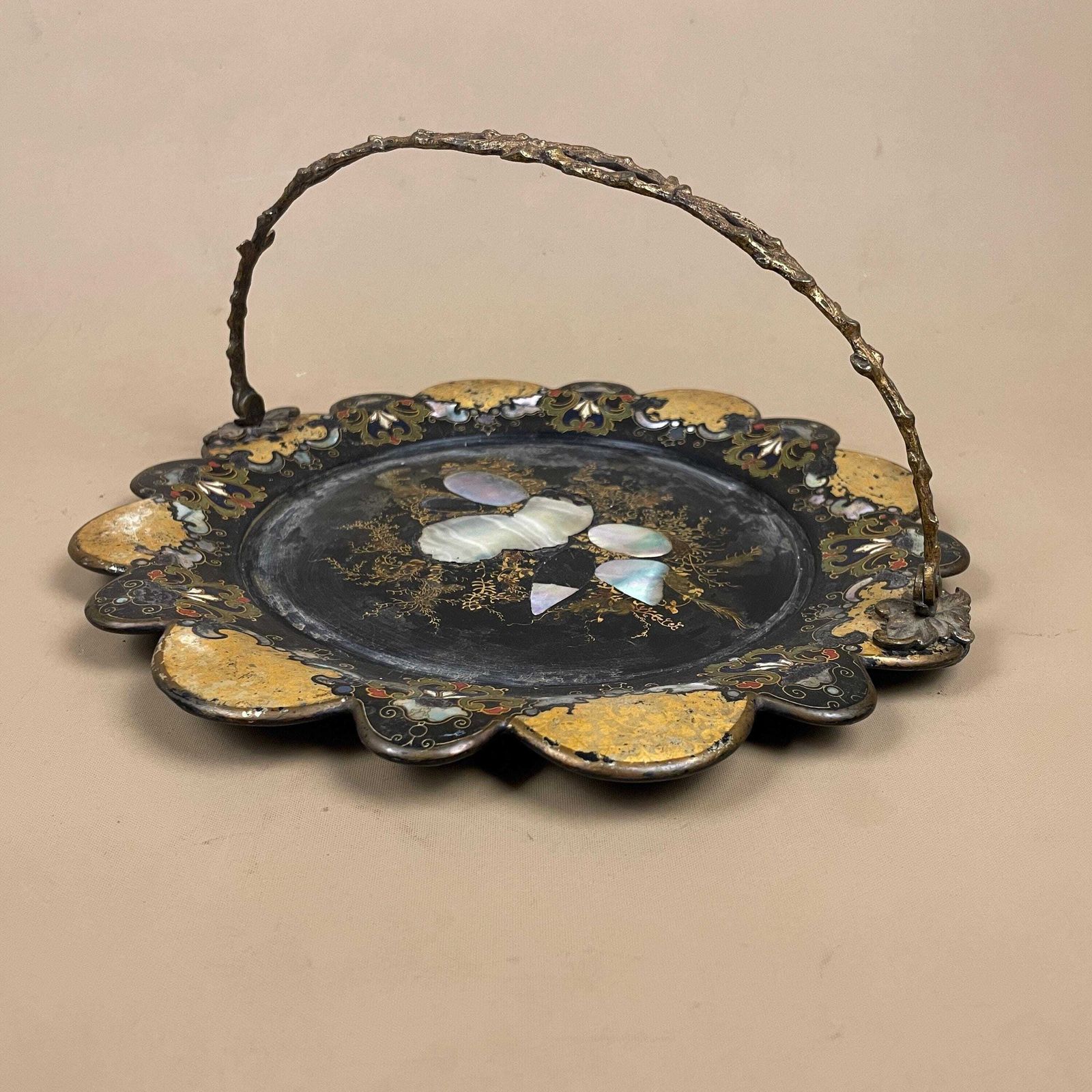 Victorian Papier Mâché Tray Mother Of Pearl Black Gold Floral Metal Handle Scalloped Edge Display Piece photo furniture