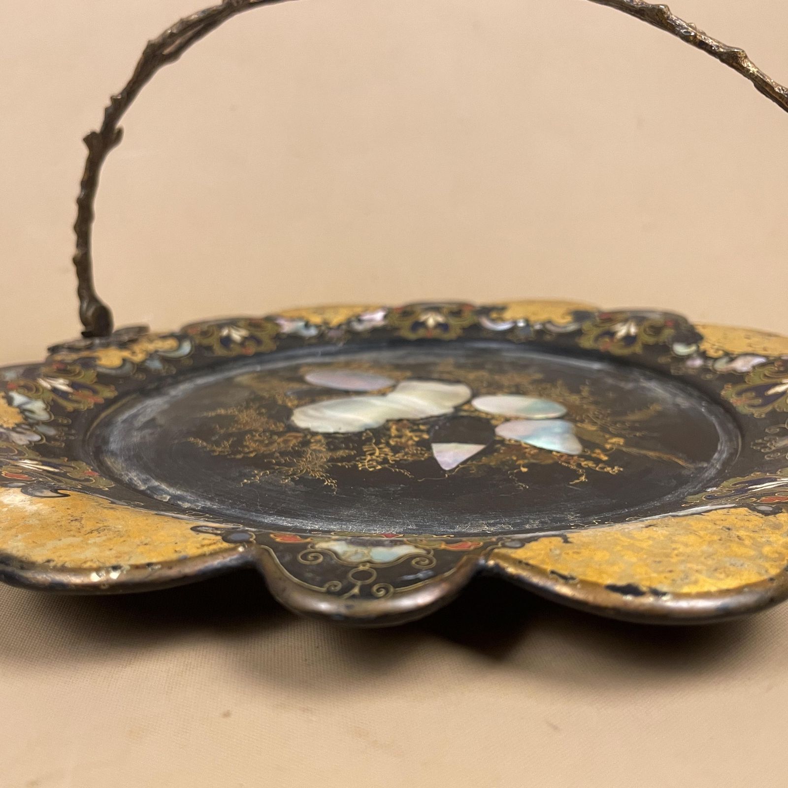 photo for sale Victorian Papier Mâché Tray Mother Of Pearl Black Gold Floral Metal Handle Scalloped Edge Display Piece