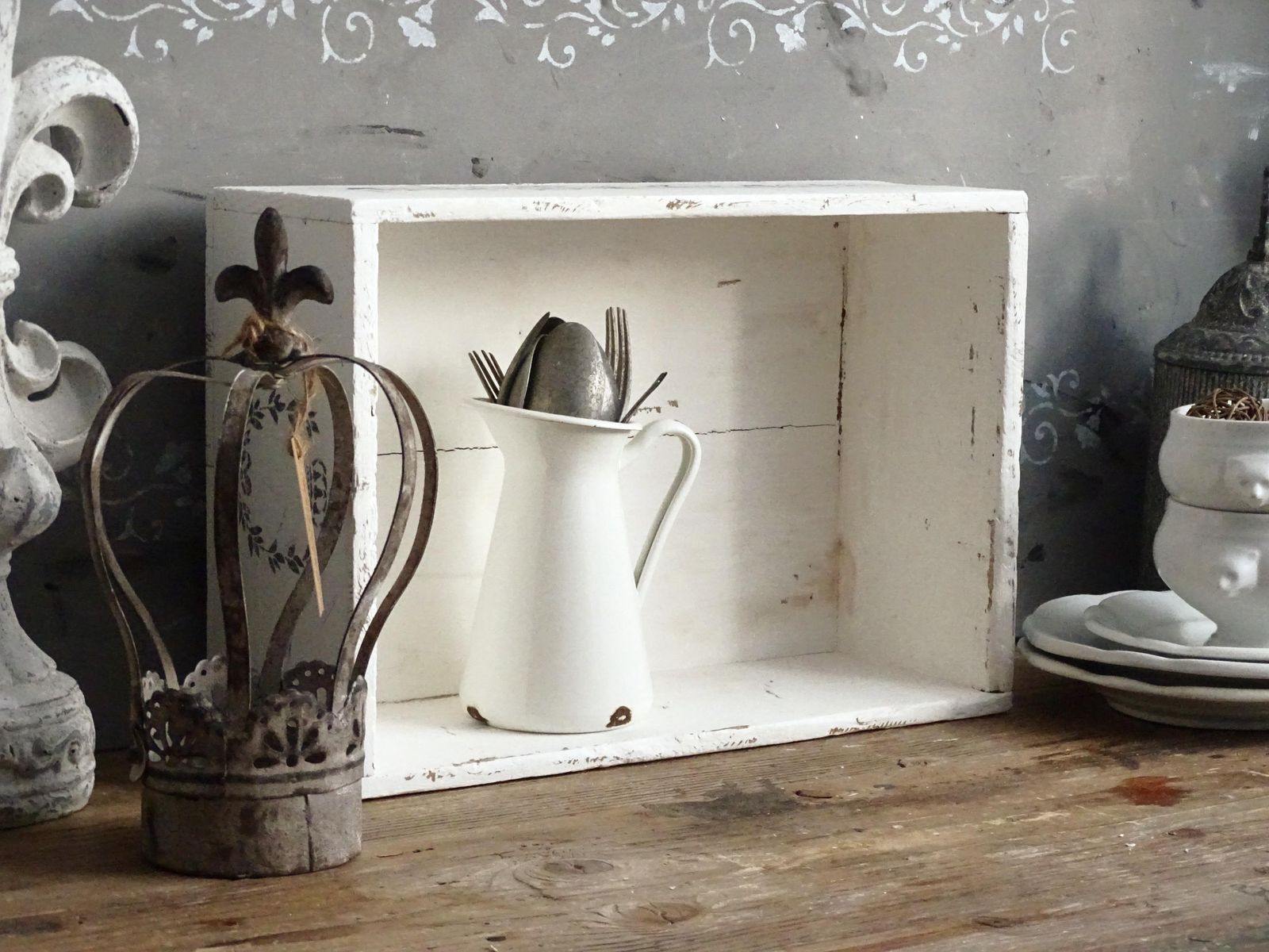 Distressed White Wood Crate: French Country Shabby Chic Storage Box photo furniture