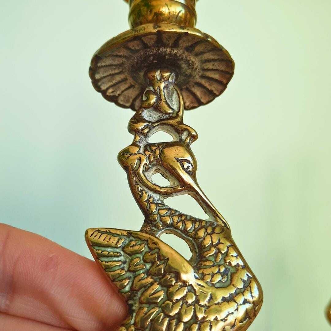 Antique Victorian Brass Heron Birds Candleholders Pair photo buy