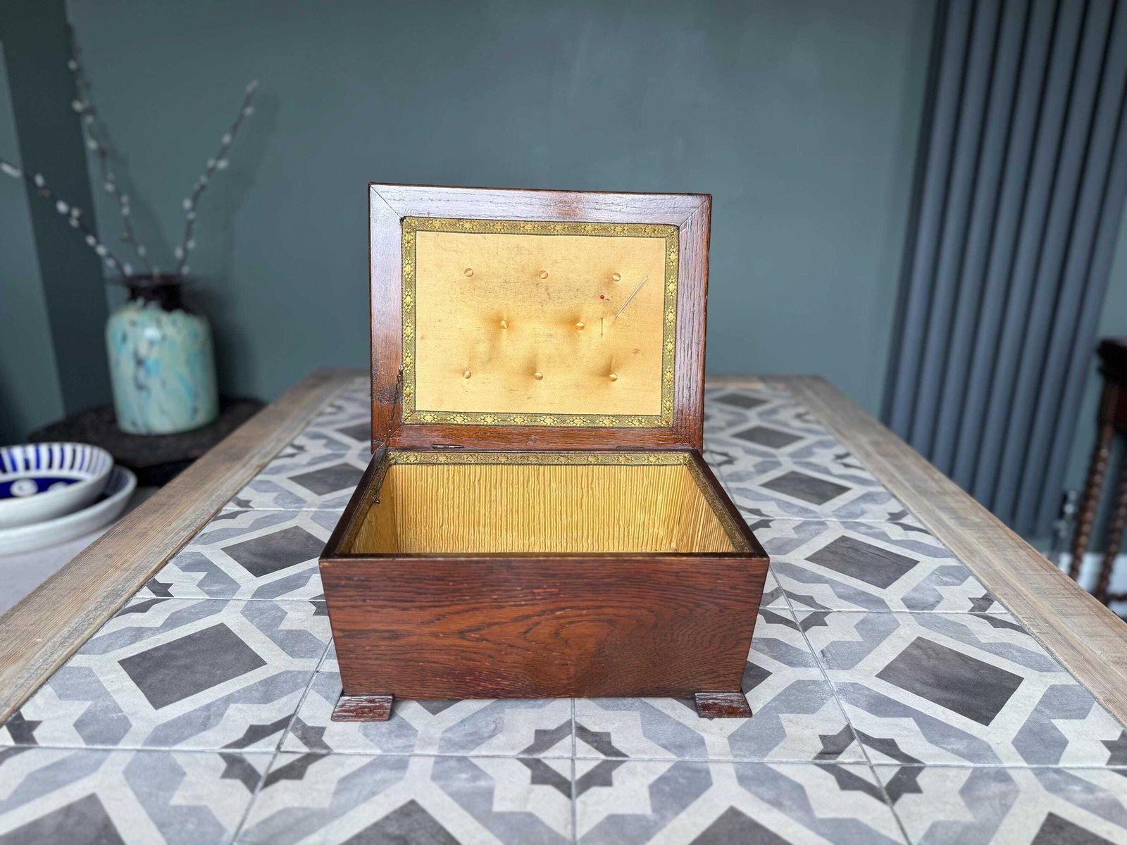 Home Decor Victorian Antique Wooden Oak Chest. Hand Made Sewing Box, Storage Box, Desk Tidy. photo