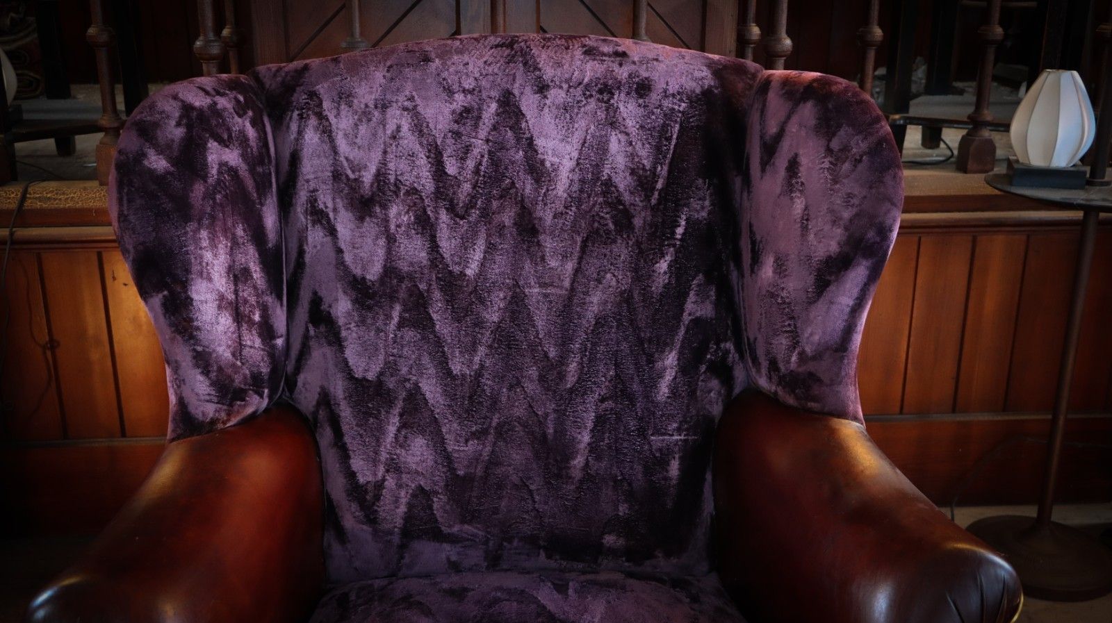 Stunning John Sankey Moliere Library Club Fireside Wing Arm Chair Purple Tan 🚚 photo vintage