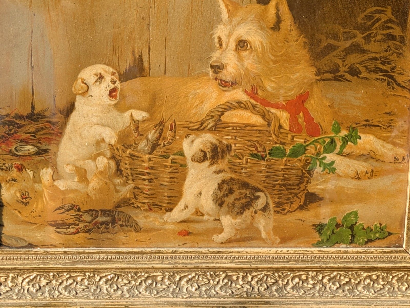 Victorian Framed Print Of Terrrier And Pups With Lobsters photo vinterior
