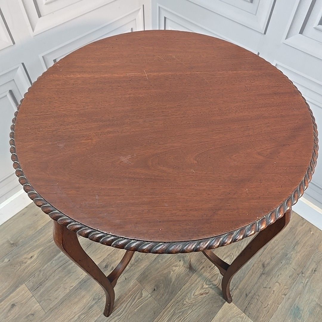 photo vinterior Antique Occasional Table Mahogany Round Window Side Rope Edge Tier Wooden