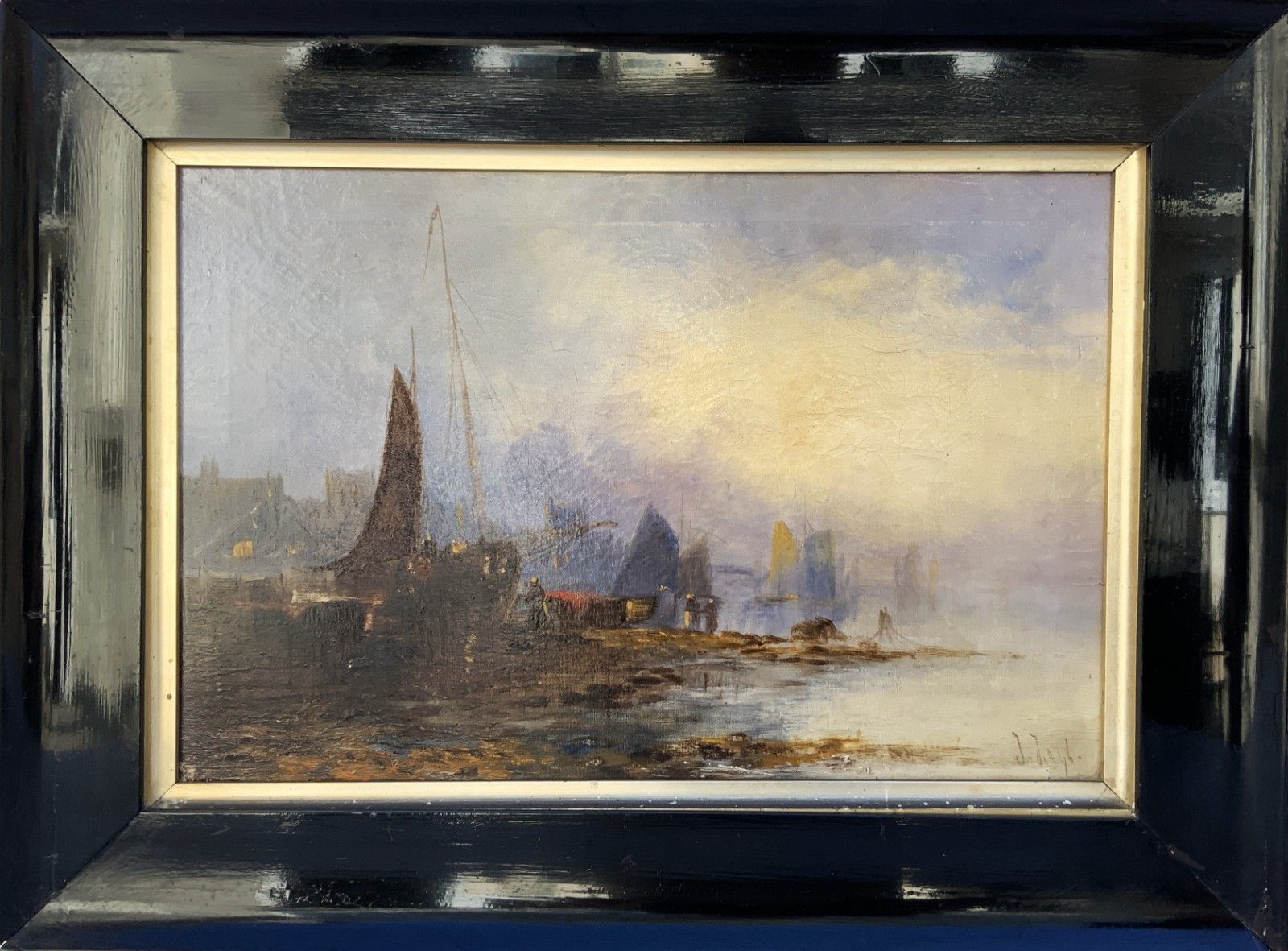 Maritime Seascape Oil Painting Sunset Harbour By John D. Taylor (Act.1876 1890)
