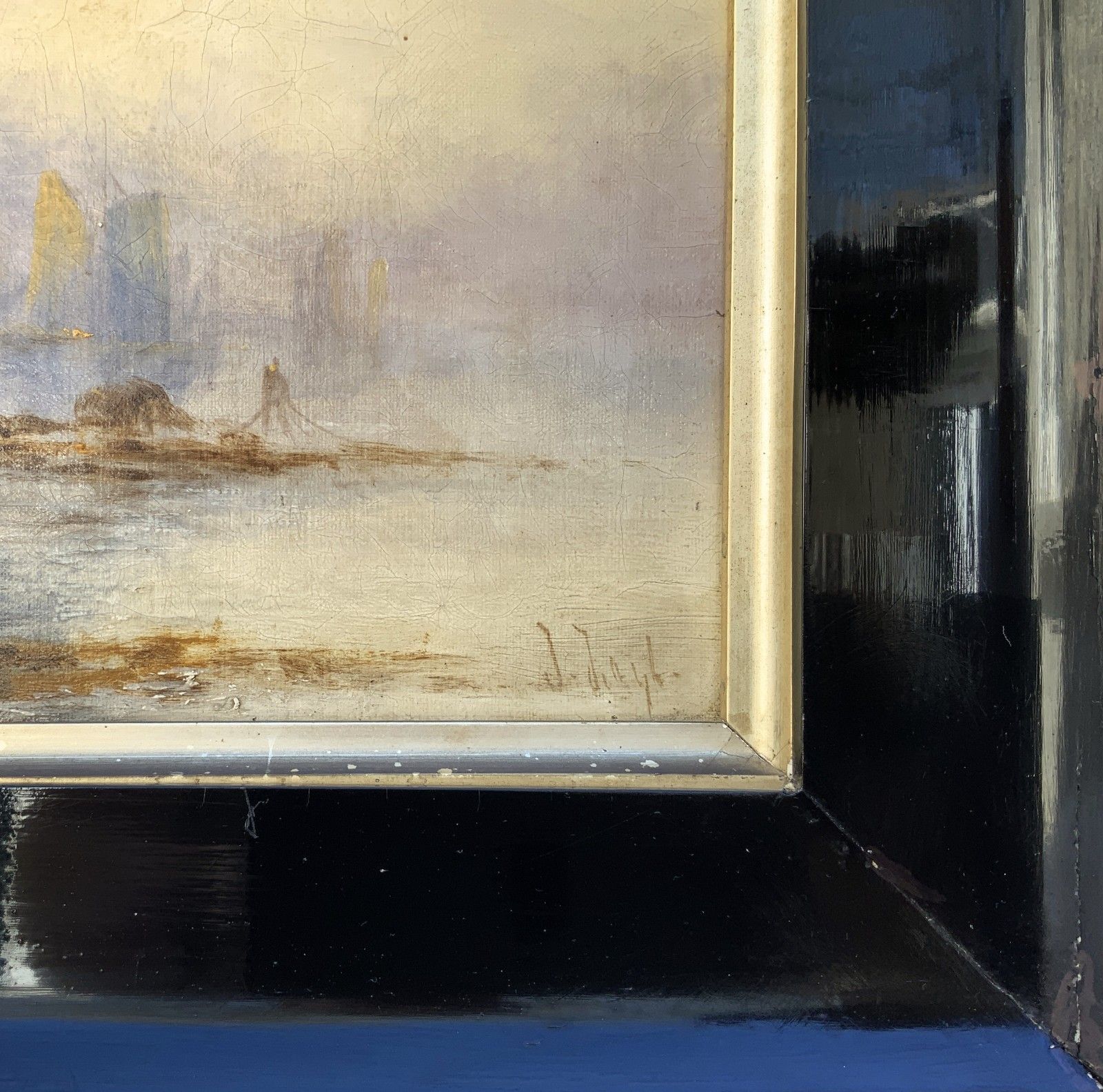 photo for sale Maritime Seascape Oil Painting Sunset Harbour By John D. Taylor (Act.1876 1890)