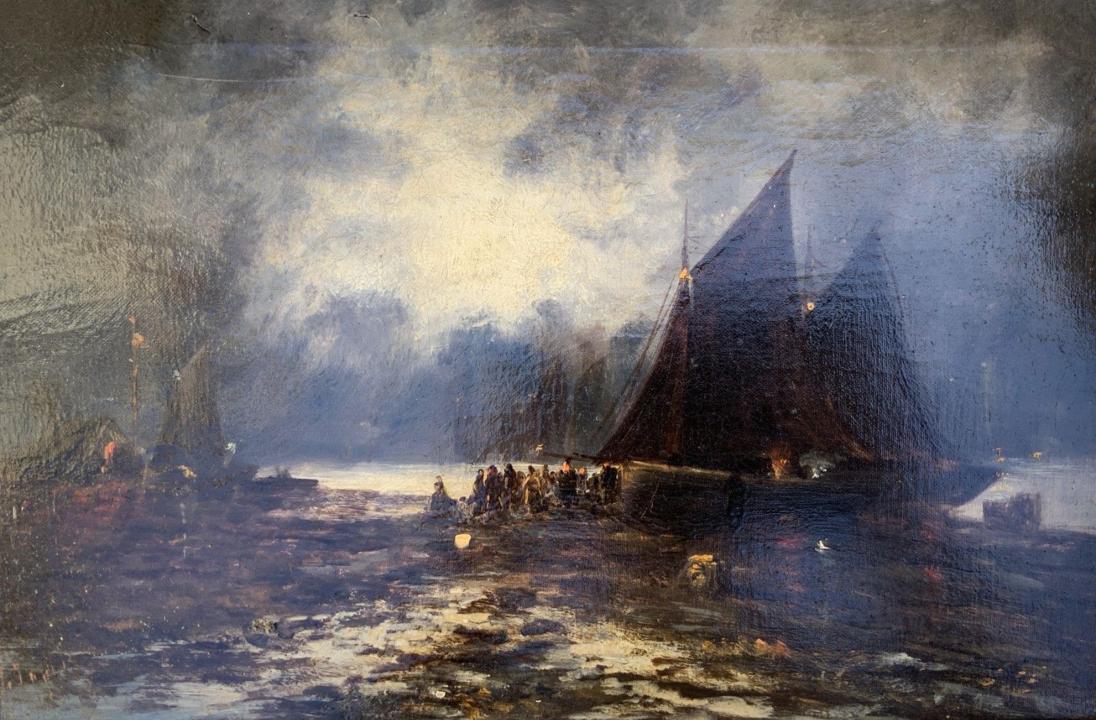 Maritime Seascape Oil Painting Moonlit Harbour By John D. Taylor (Act.1876 1890) photo for sale