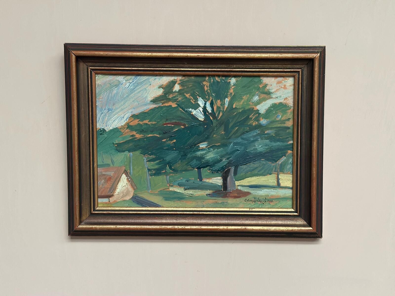 photo for sale Original Mid Century Swedish Oil On Panel – “Majestic Tree” By Erling Lundquist – Vintage & Framed 44 × 34 Cm (17.3" × 13.4")