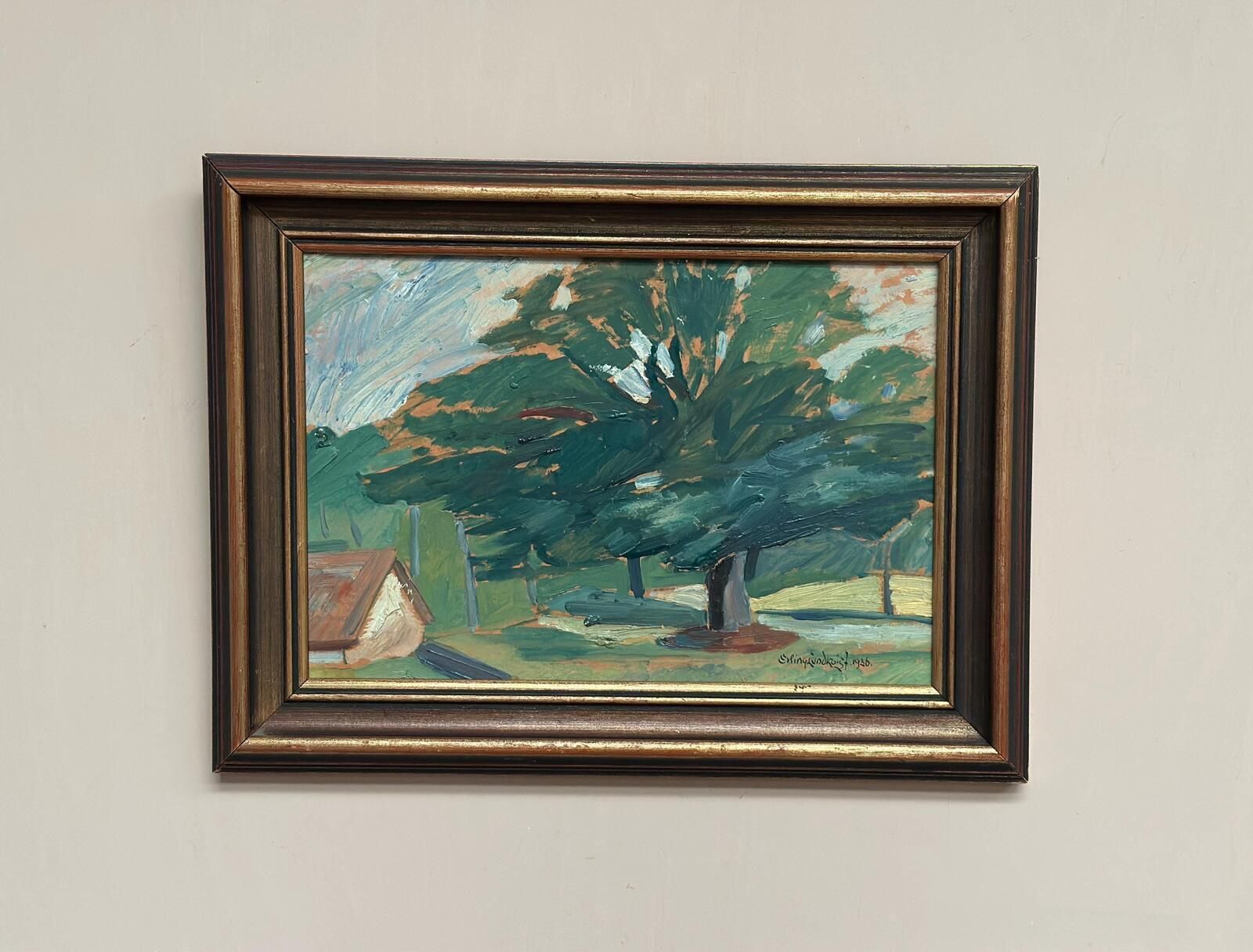 Art Original Mid Century Swedish Oil On Panel – “Majestic Tree” By Erling Lundquist – Vintage & Framed 44 × 34 Cm (17.3" × 13.4") photo