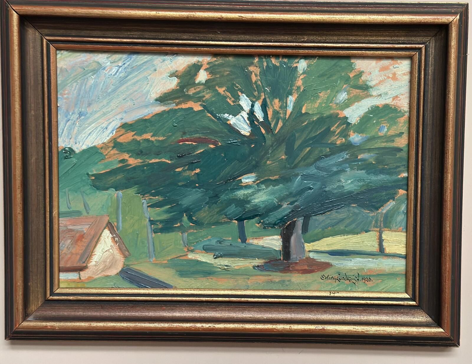 275.0 Original Mid Century Swedish Oil On Panel – “Majestic Tree” By Erling Lundquist – Vintage & Framed 44 × 34 Cm (17.3" × 13.4") photo