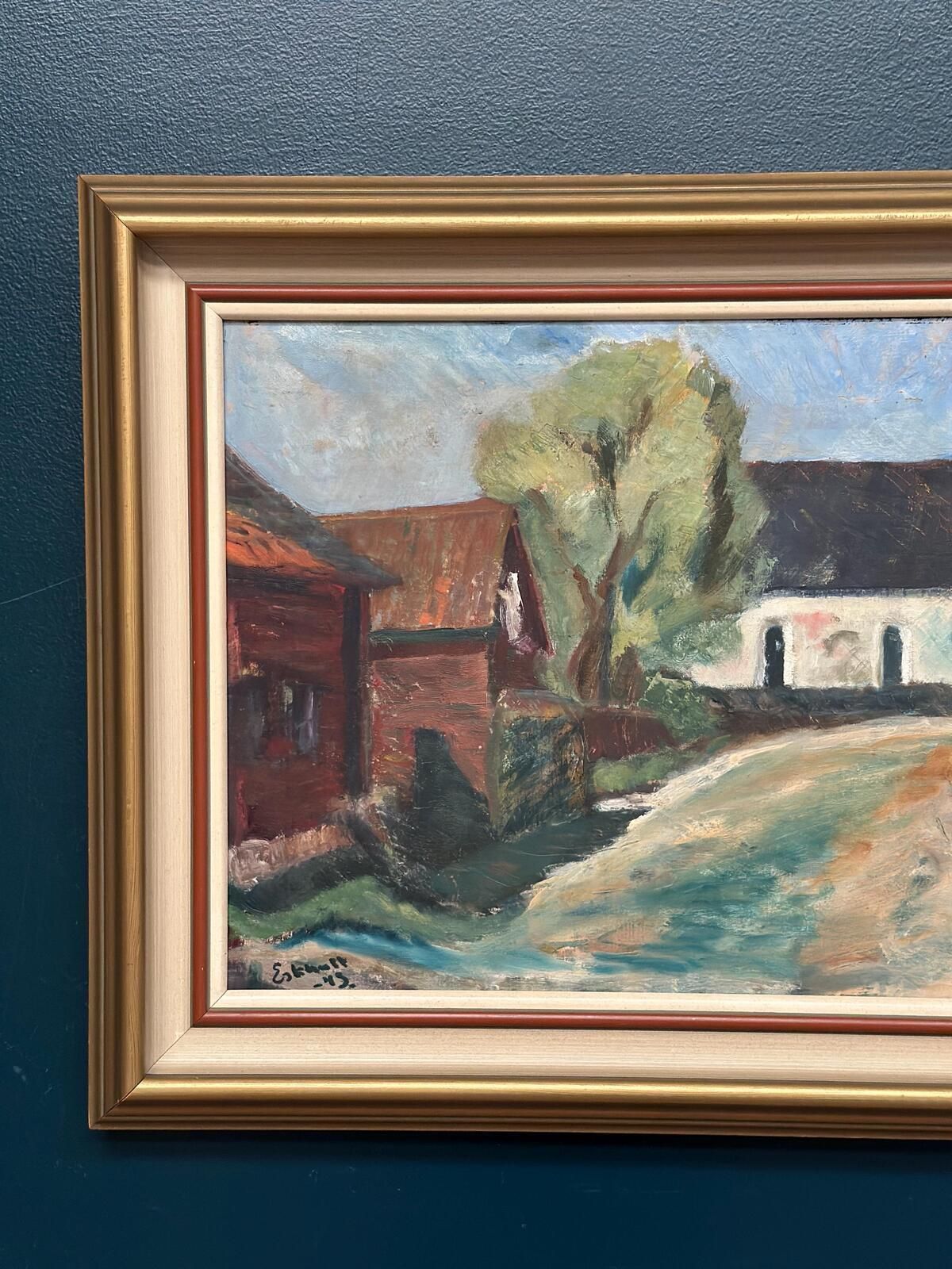 Original Mid Century Swedish Oil On Canvas – “Suburbia” By Erik Hult Vintage – Framed 60 × 52 Cm (23.6" × 20.5") photo 345.0
