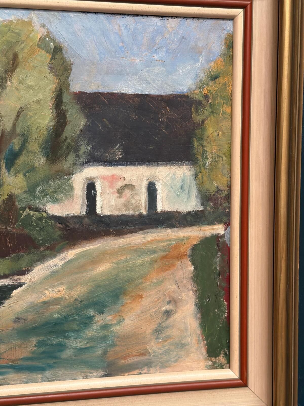 Art Original Mid Century Swedish Oil On Canvas – “Suburbia” By Erik Hult Vintage – Framed 60 × 52 Cm (23.6" × 20.5") photo