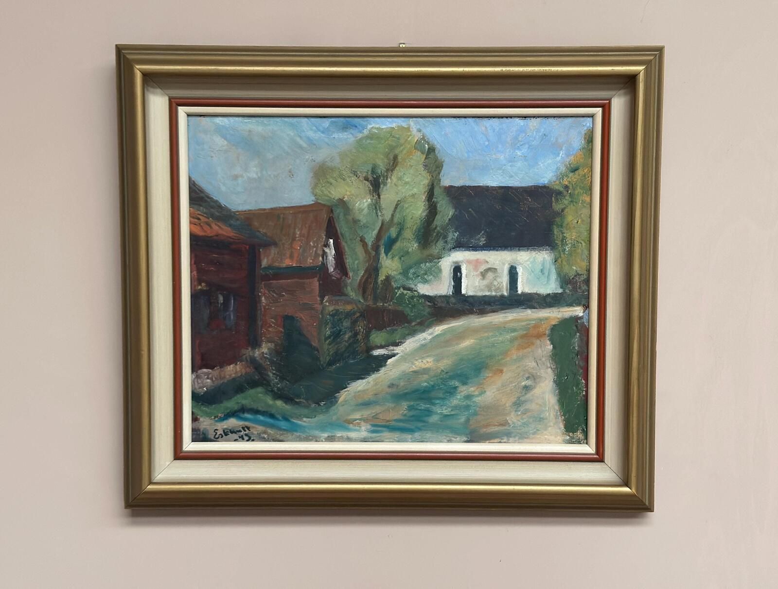 photo buy Original Mid Century Swedish Oil On Canvas – “Suburbia” By Erik Hult Vintage – Framed 60 × 52 Cm (23.6" × 20.5")