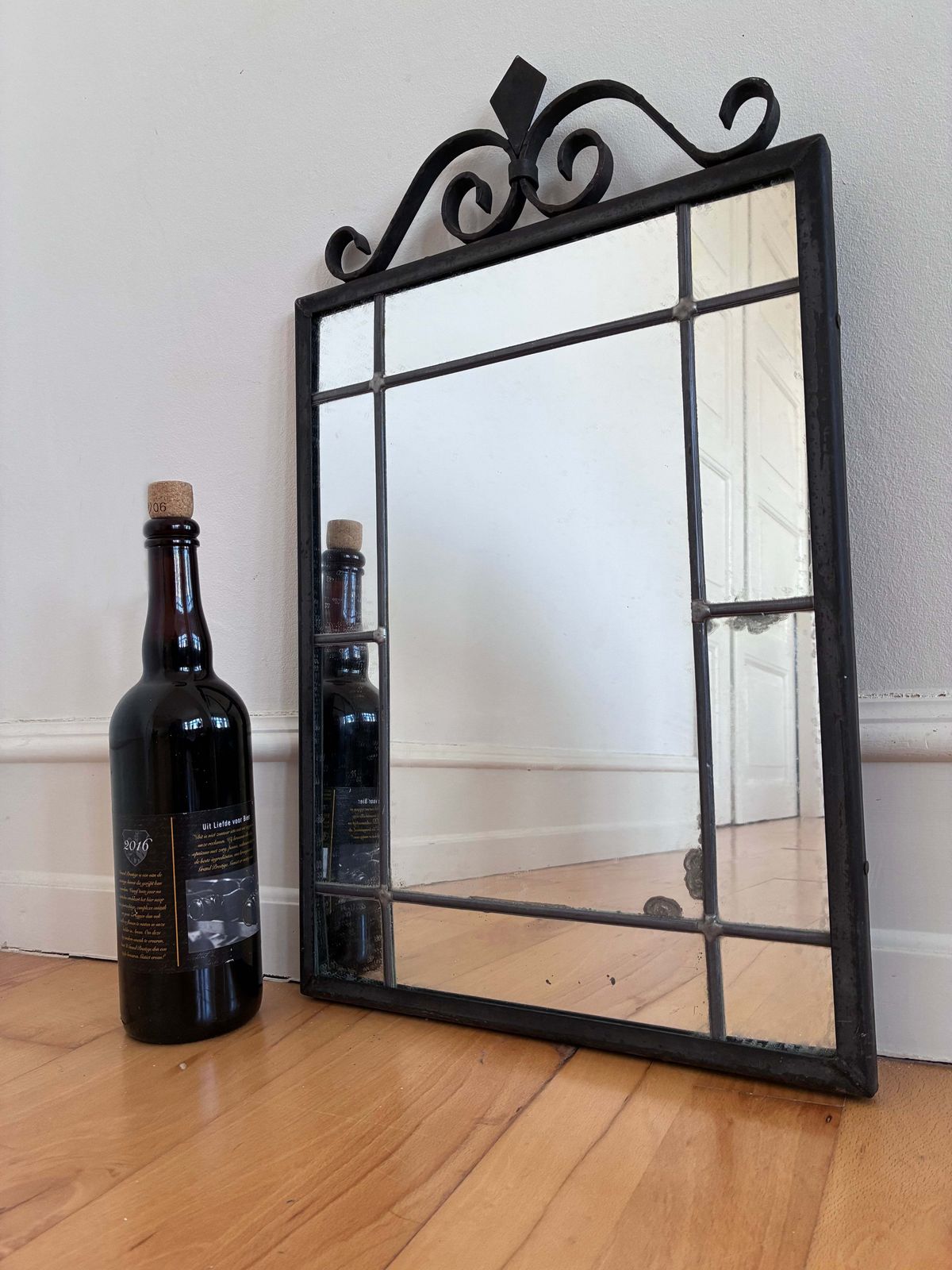 Art Deco Black Wrought Iron Wall Mirror, Belgium,1930s photo vintage