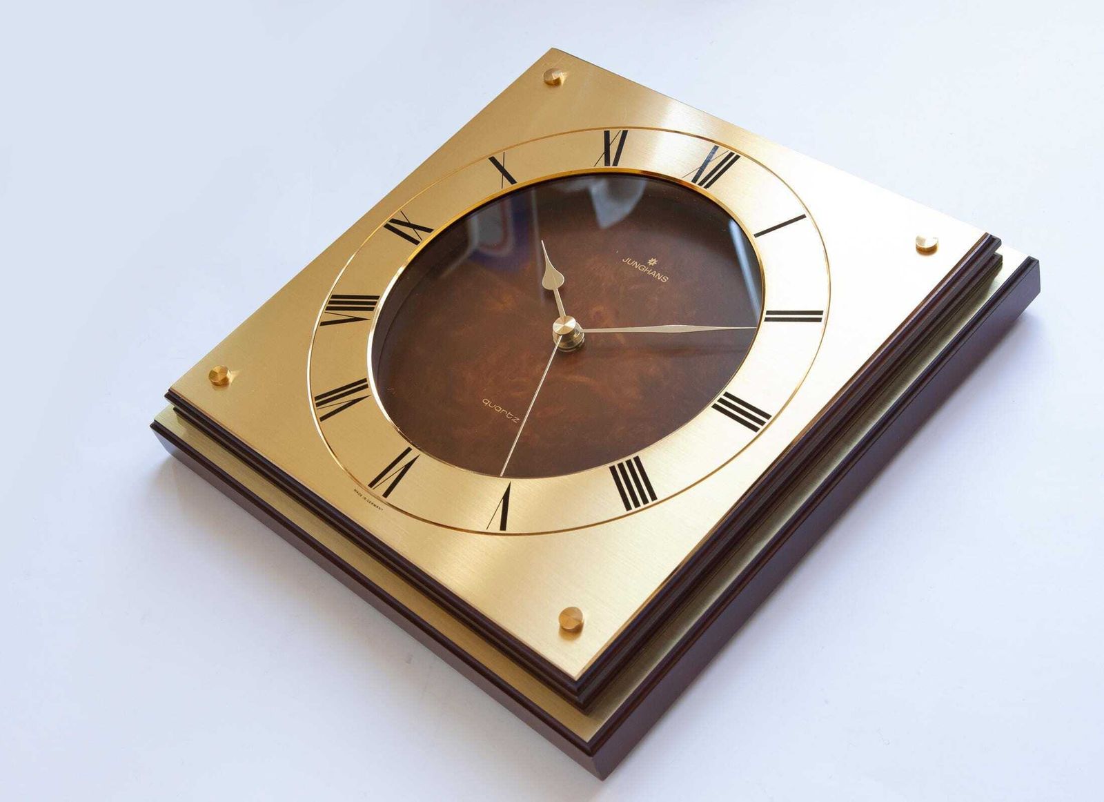 Elegant Junghans Wall Clock Brass Mid Century Modernism Space Age Germany Mcm Atomic Wood Gold photo for sale