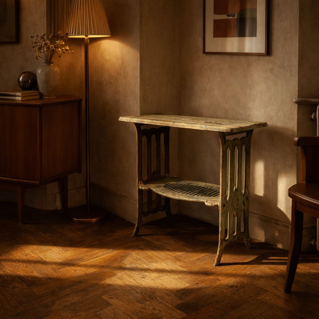 Vintage Metalen Tafel Met Geïntegreerde Opening En Onderste Schap photo furniture