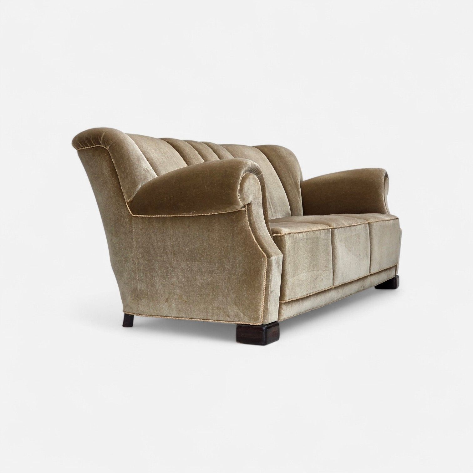 1960s, Danish 3 Seater Sofa, Green Furniture Velour, Oak Wood Legs.
