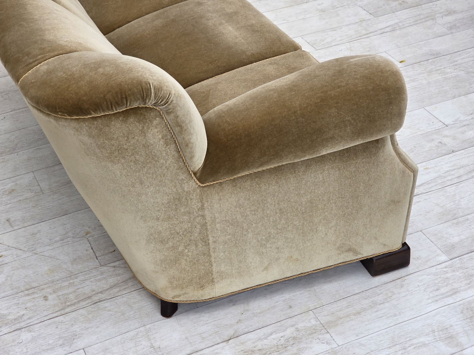 photo for sale 1960s, Danish 3 Seater Sofa, Green Furniture Velour, Oak Wood Legs.