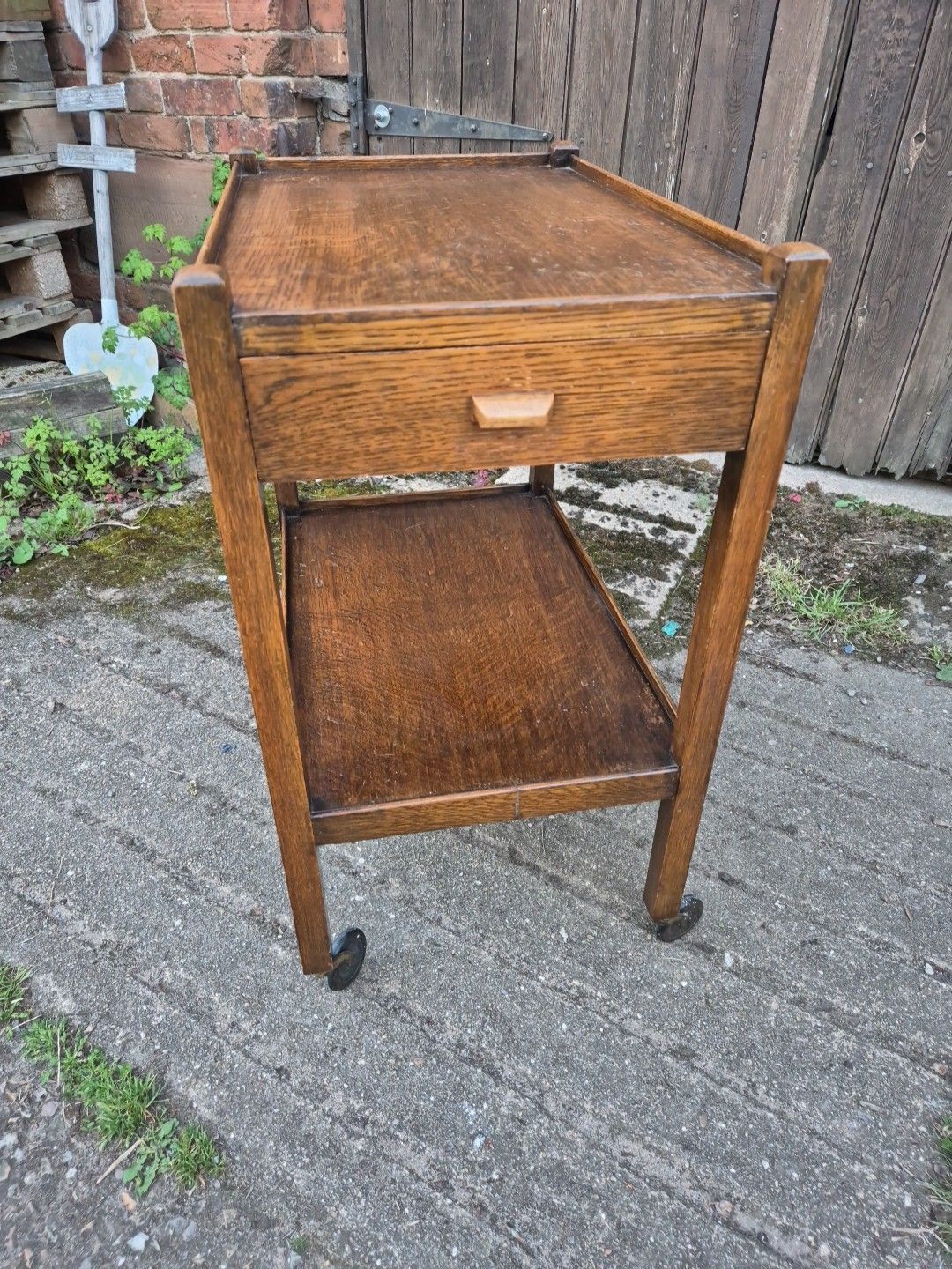 1930s Oak Light Weight Drinks/Tea Trolley,2 Tiers With Drawer & Original Castors