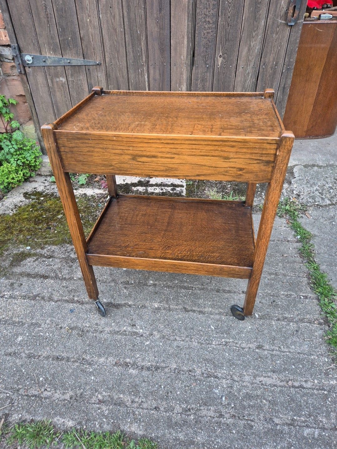 1930s Oak Light Weight Drinks/Tea Trolley,2 Tiers With Drawer & Original Castors photo for sale