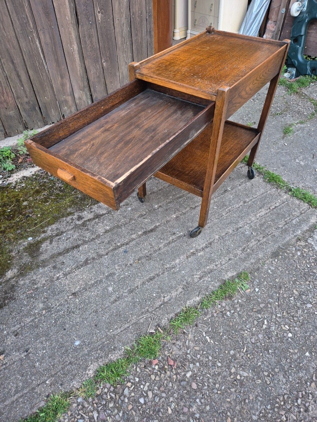 120.0 1930s Oak Light Weight Drinks/Tea Trolley,2 Tiers With Drawer & Original Castors photo
