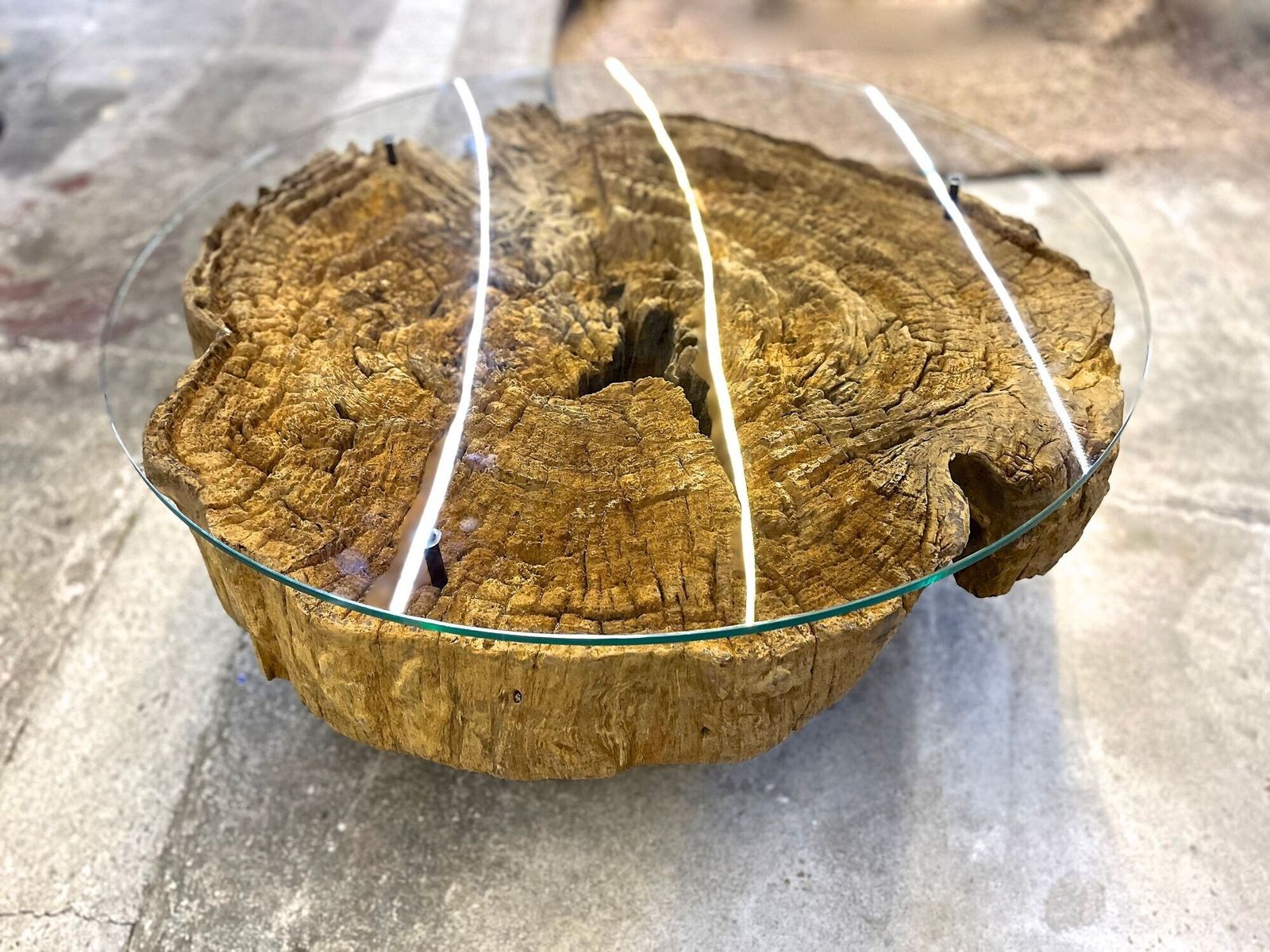 Modern Organic Driftwood Coffee Table With Glass Top, Black Steel Base, Idn 2025 photo 3590.0