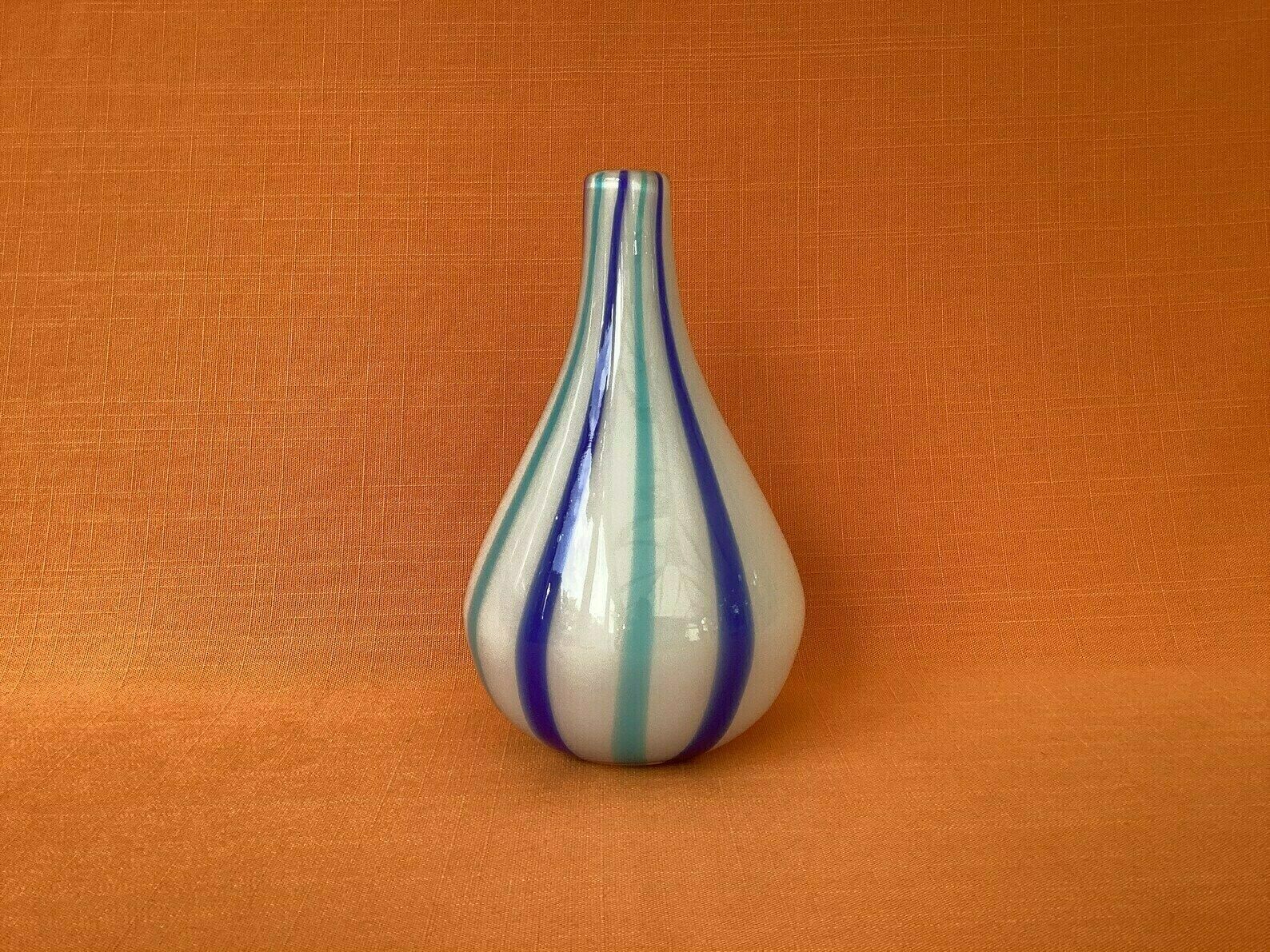 Mid Century Cased Glass Vase With Blue Striped Design, Hand Blown Candy Striped Glass Vase, Possibly Murano, Retro Blue & White Striped Vase